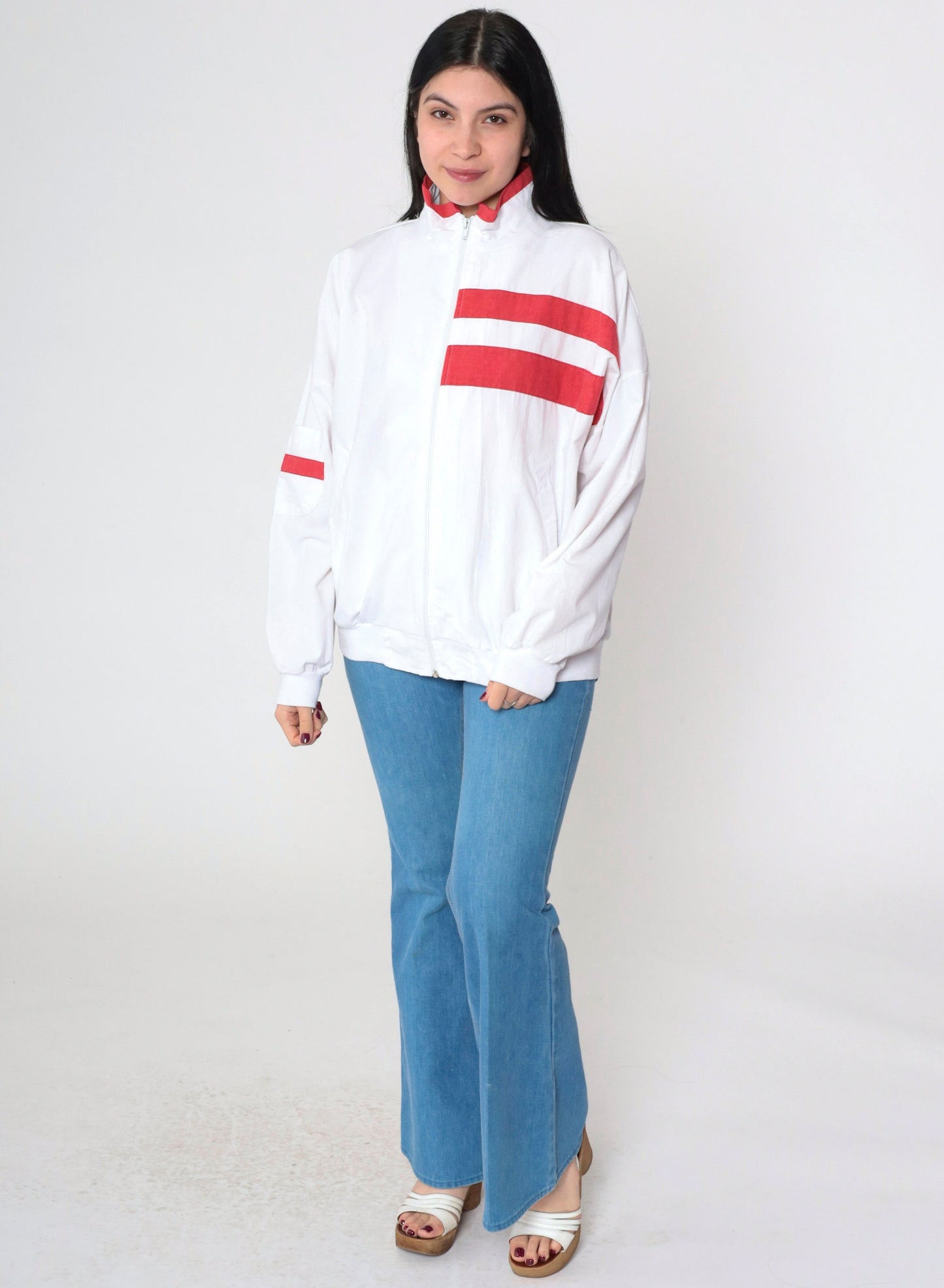 90s Striped Windbreaker Jacket White Red Zip-Up Small