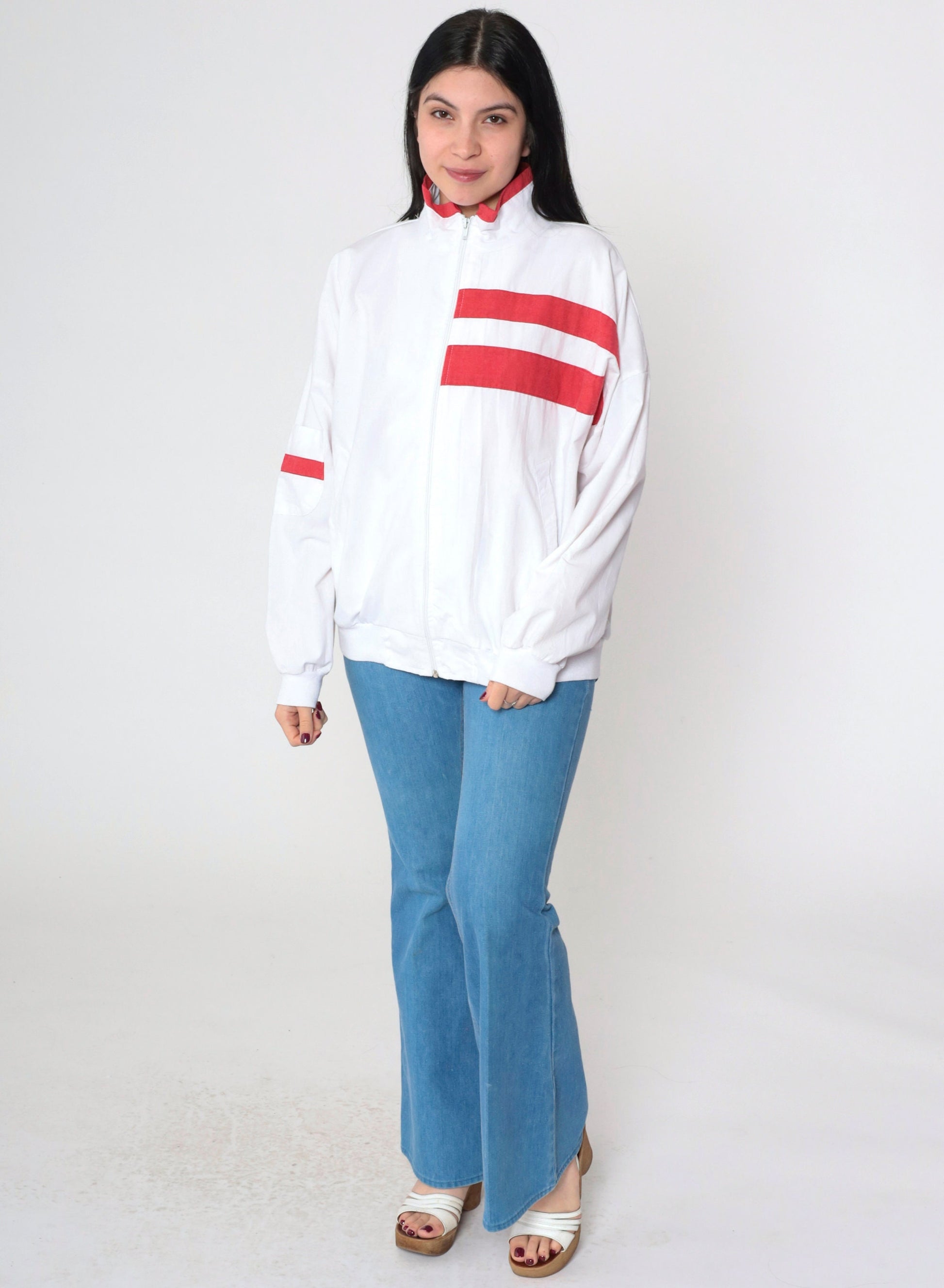 90s Striped Windbreaker Jacket White Red Zip-Up Small