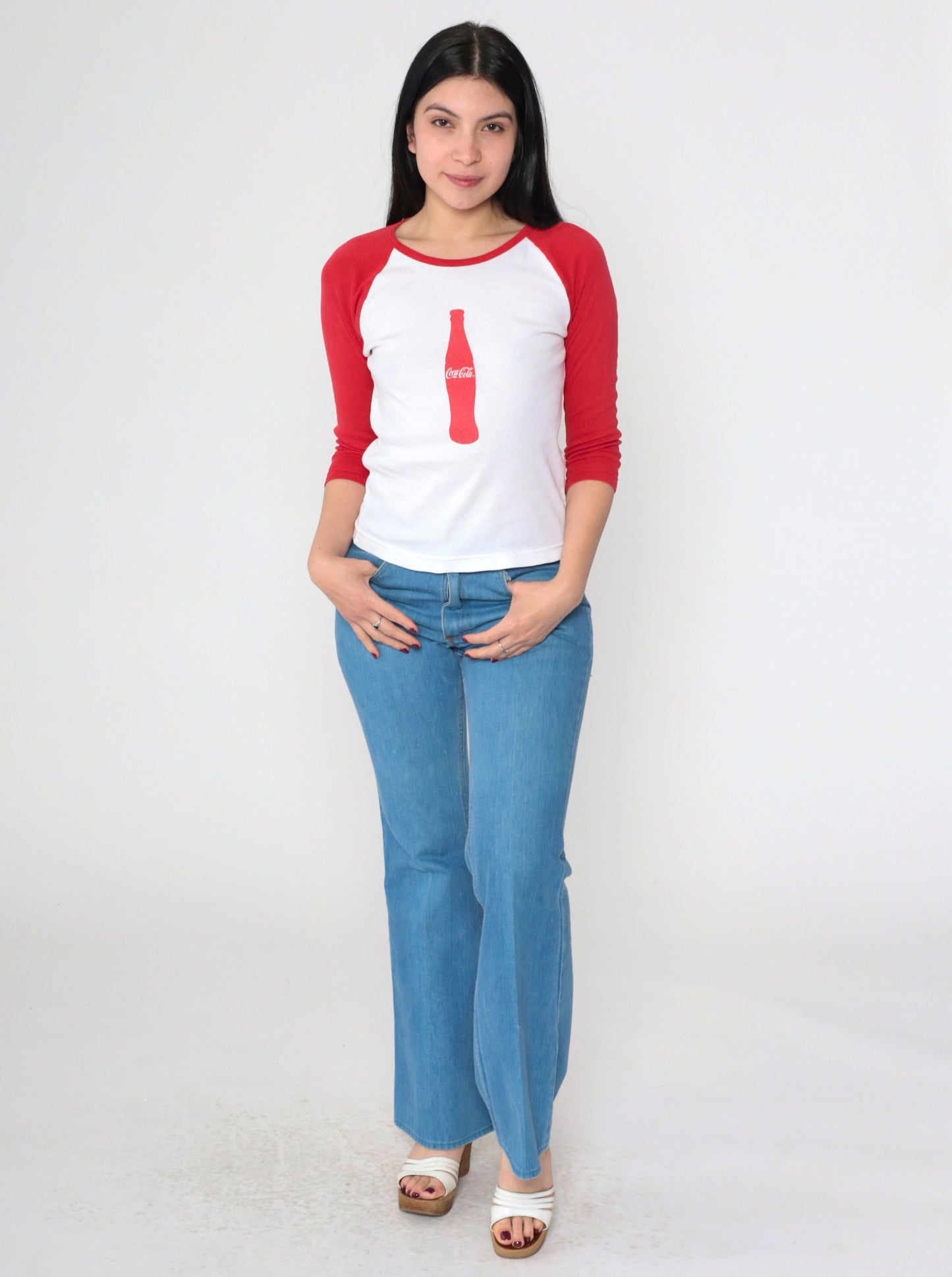 00s Coca-Cola Roberts Baseball Tee White Red Graphic Raglan Small S