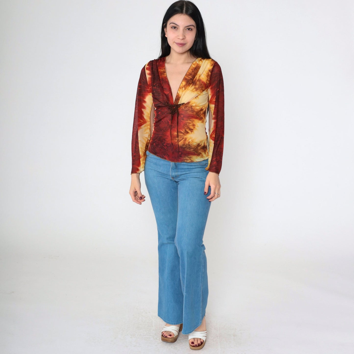 Y2K Tie Dye Mesh Lace Up Corset Blouse Bell Sleeve V Neck Small S
