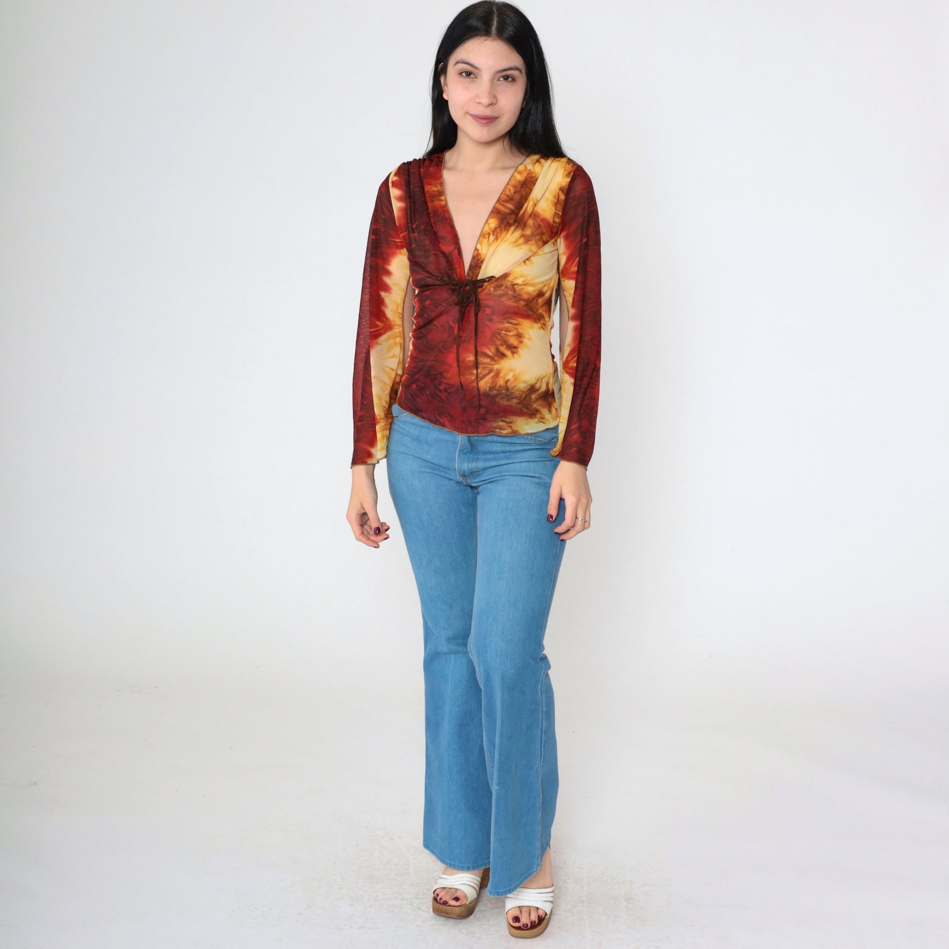 Y2K Tie Dye Mesh Lace Up Corset Blouse Bell Sleeve V Neck Small S