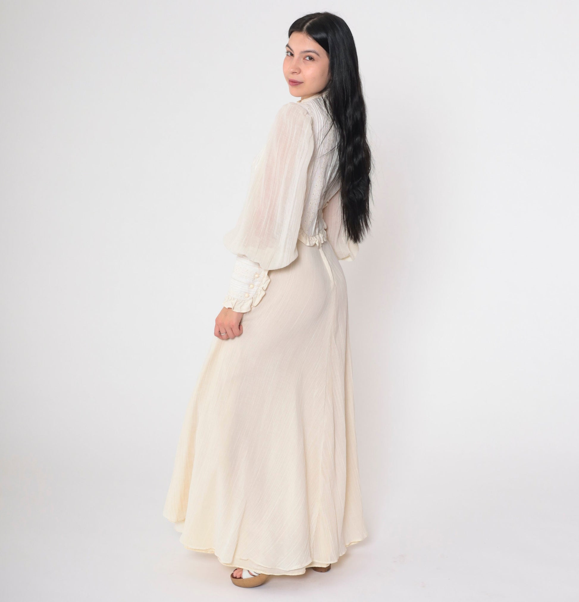 70s Miss K Cream Eyelet Maxi Dress Puff Sleeve Victorian Prairie Small