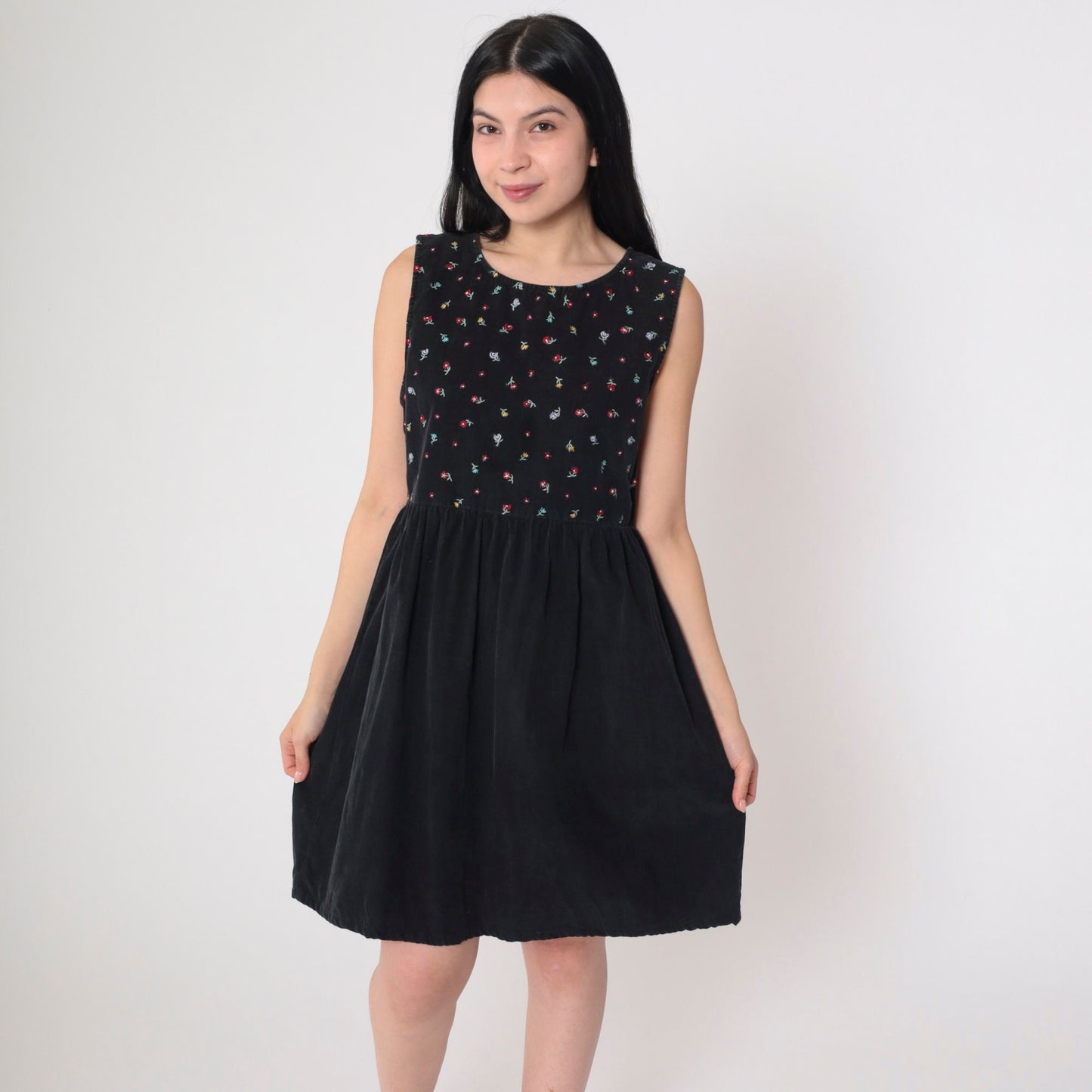 90s Black Corduroy Mini Dress Floral Embroidered High Waist Sleeveless Small