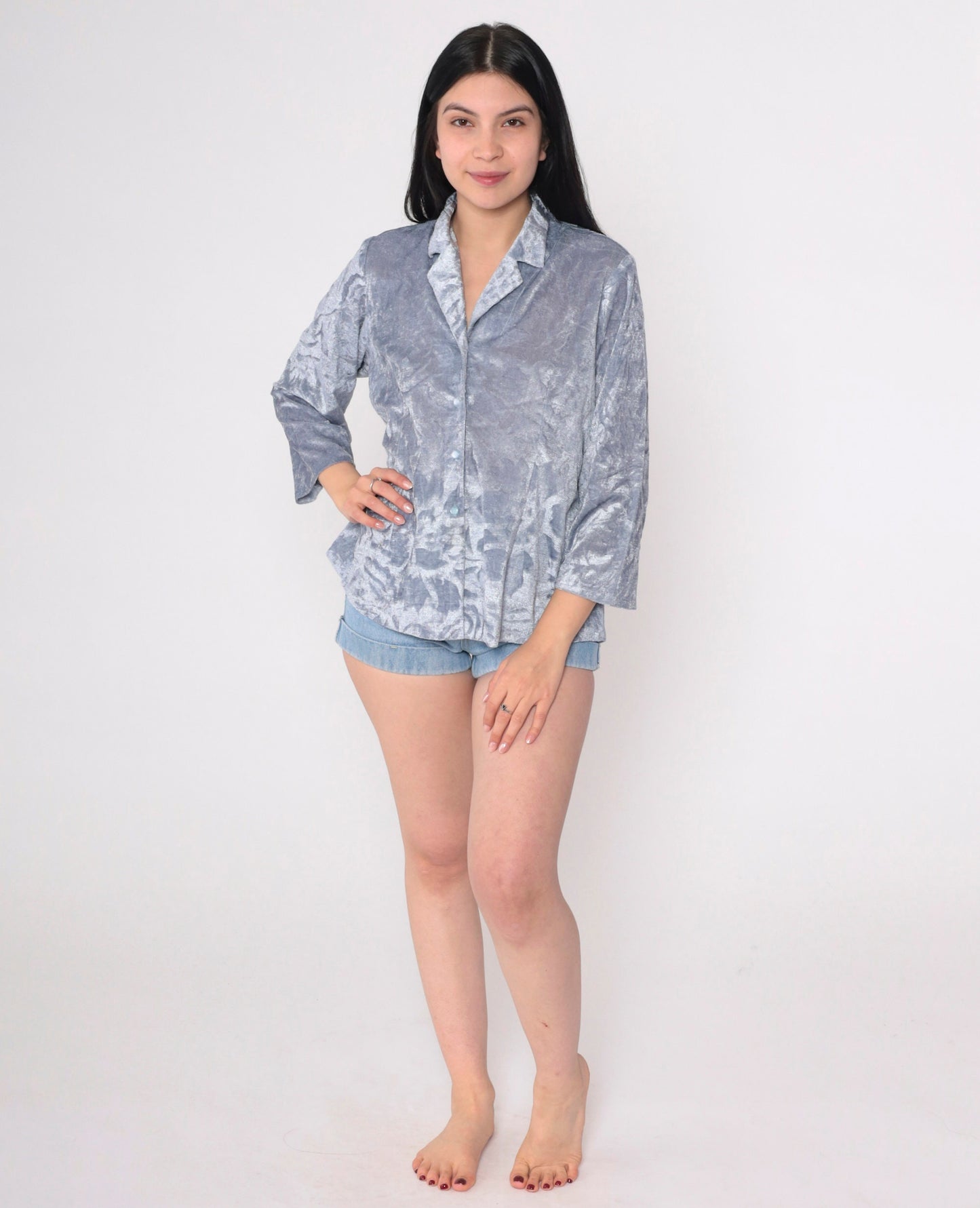00s Floral Velour Button-Up Blouse Blue 3/4 Sleeve Collared Top Medium Large