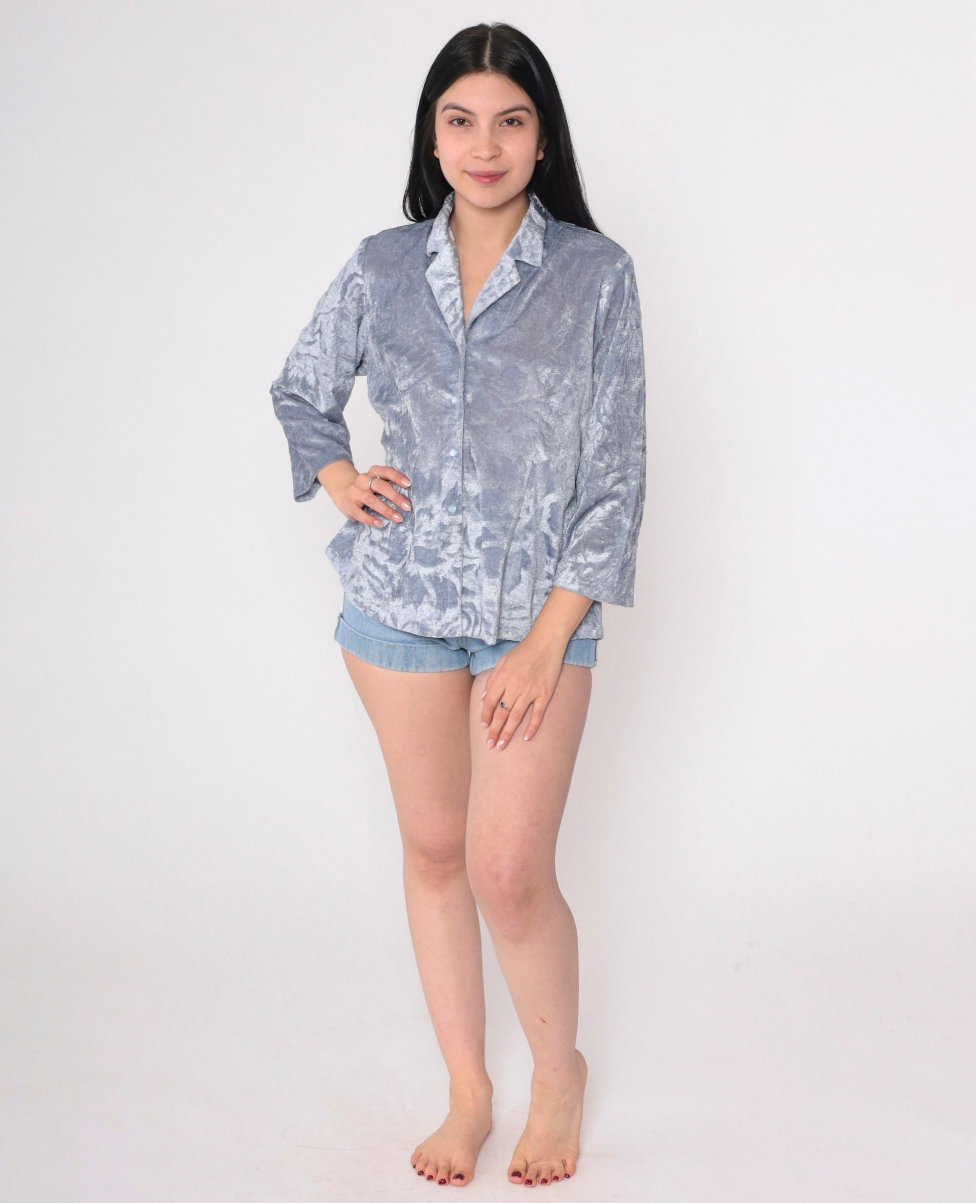 00s Floral Velour Button-Up Blouse Blue 3/4 Sleeve Collared Top Medium Large