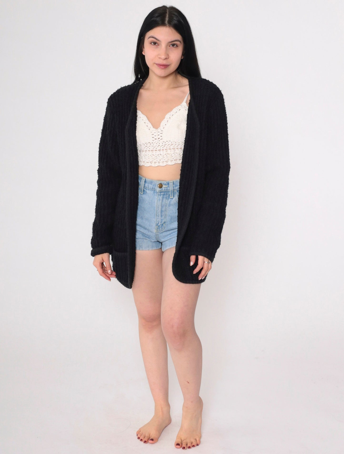 90s Black Ribbed Knit Cardigan Open Front Pockets Medium