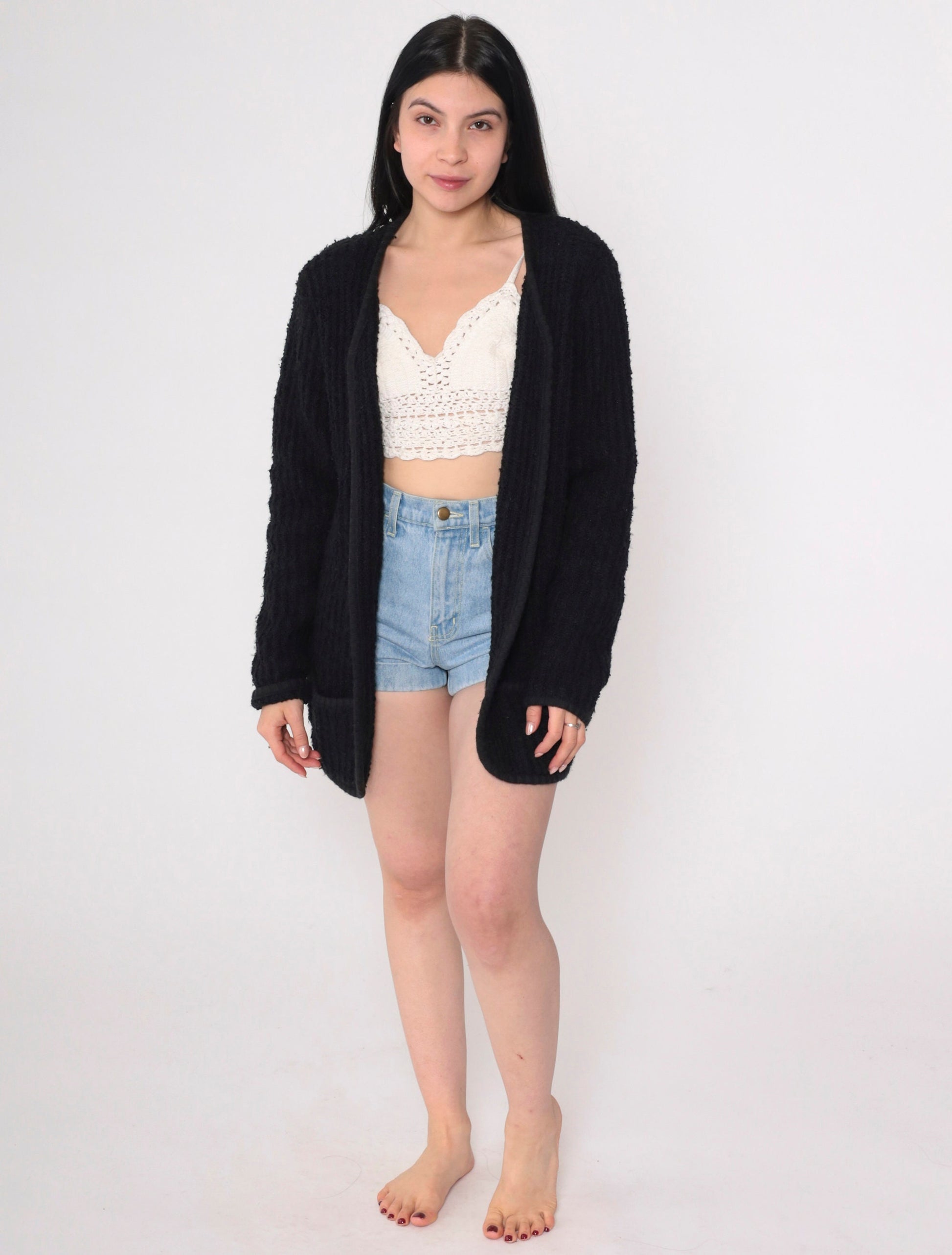 90s Black Ribbed Knit Cardigan Open Front Pockets Medium