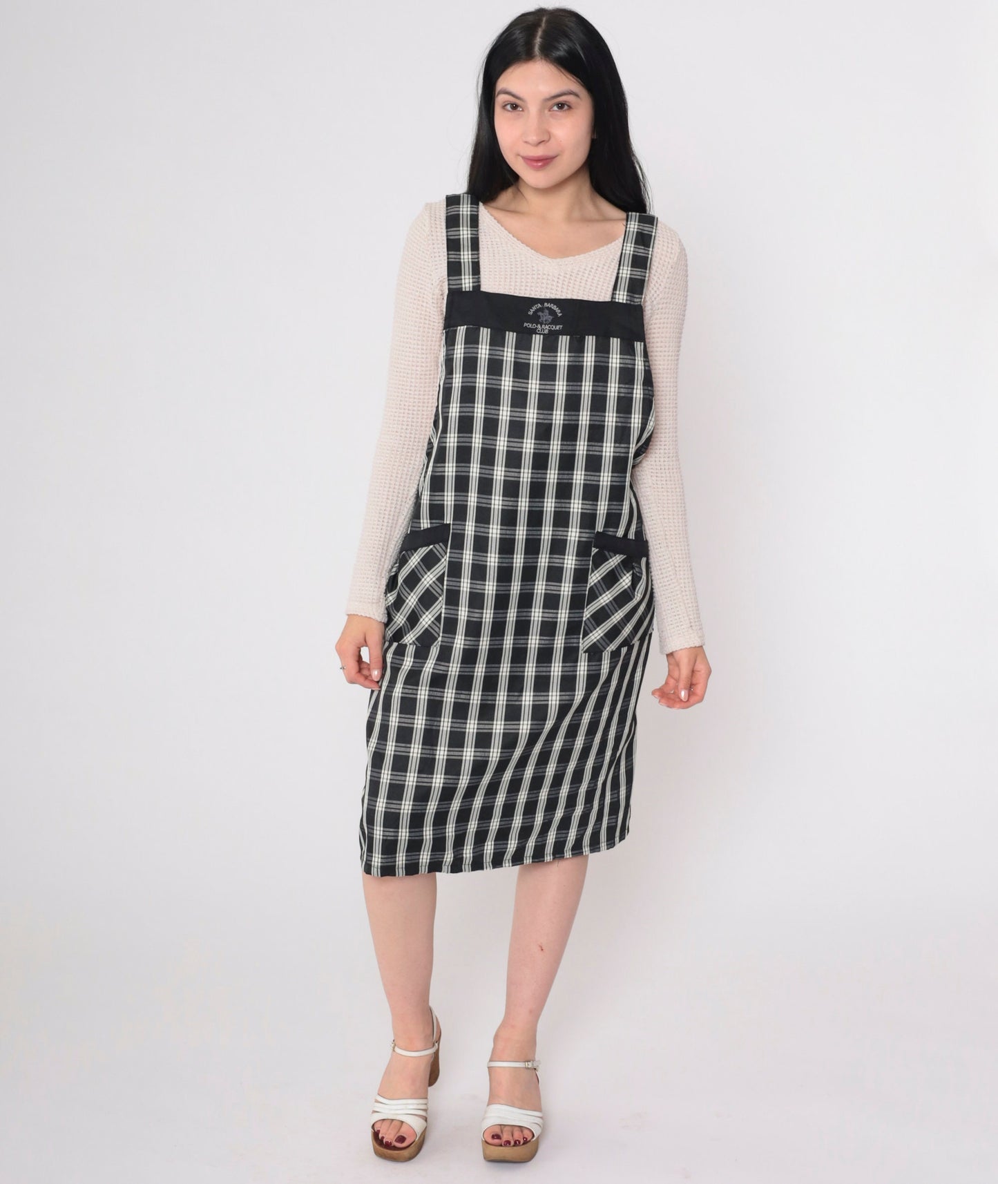 Y2K Santa Barbara Polo Plaid Apron Dress Black White Checkered Mini Open Back Small