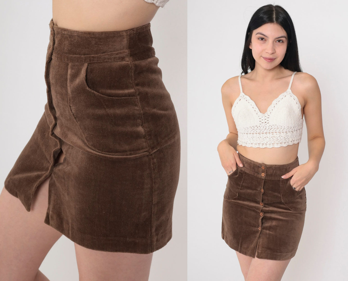 80s Brown Corduroy Mini Skirt High Waist Button Front Pencil Extra Small
