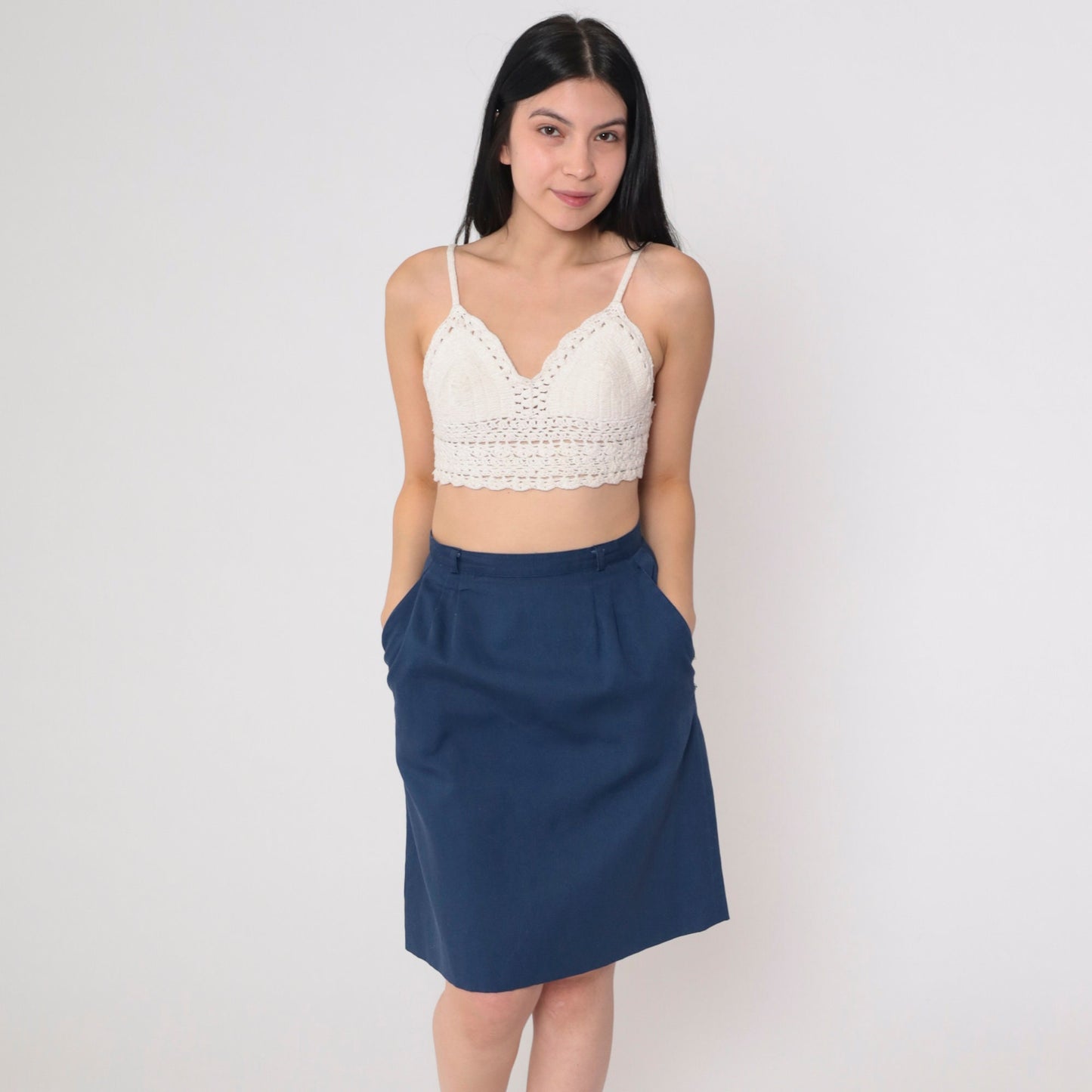 70s John Meyer Navy Pleated Mini Skirt High Waist Straight Cut Extra Small