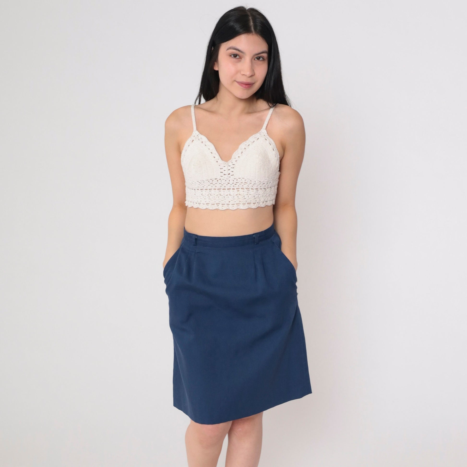 70s John Meyer Navy Pleated Mini Skirt High Waist Straight Cut Extra Small