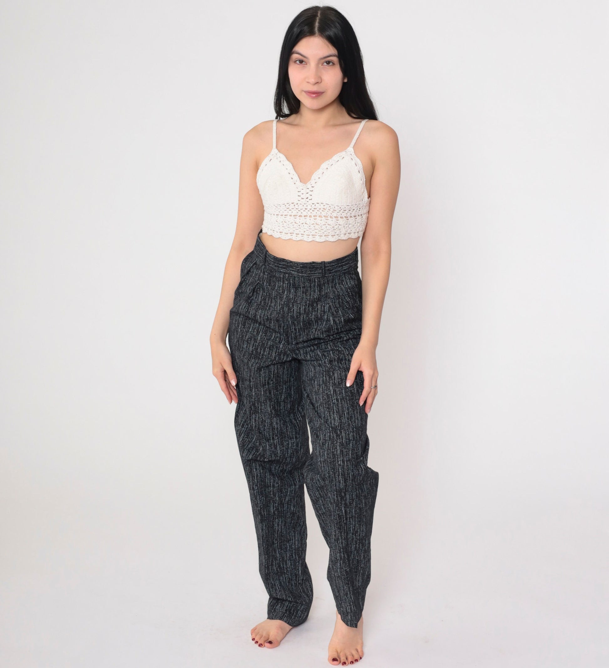 80s Striped Pleated Trousers High Waisted Tapered Black Grey Vertical Stripes Small