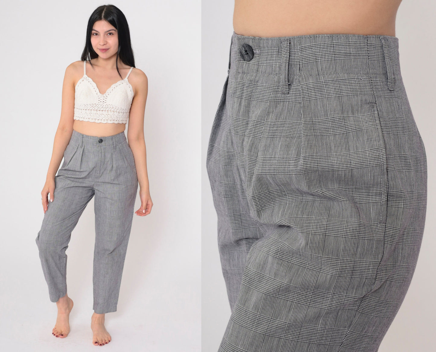 90s Calvin Klein Sport Grey Plaid Tapered Trousers High Waist Pleated Small
