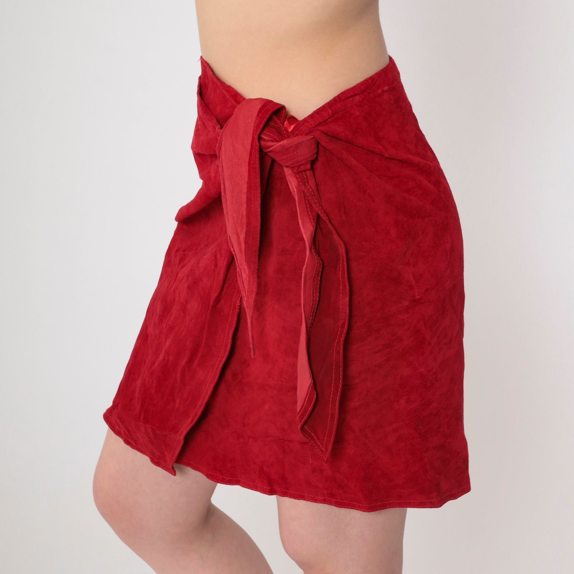 80s Red Suede Wrap Mini Skirt High Waisted Leather Small Medium