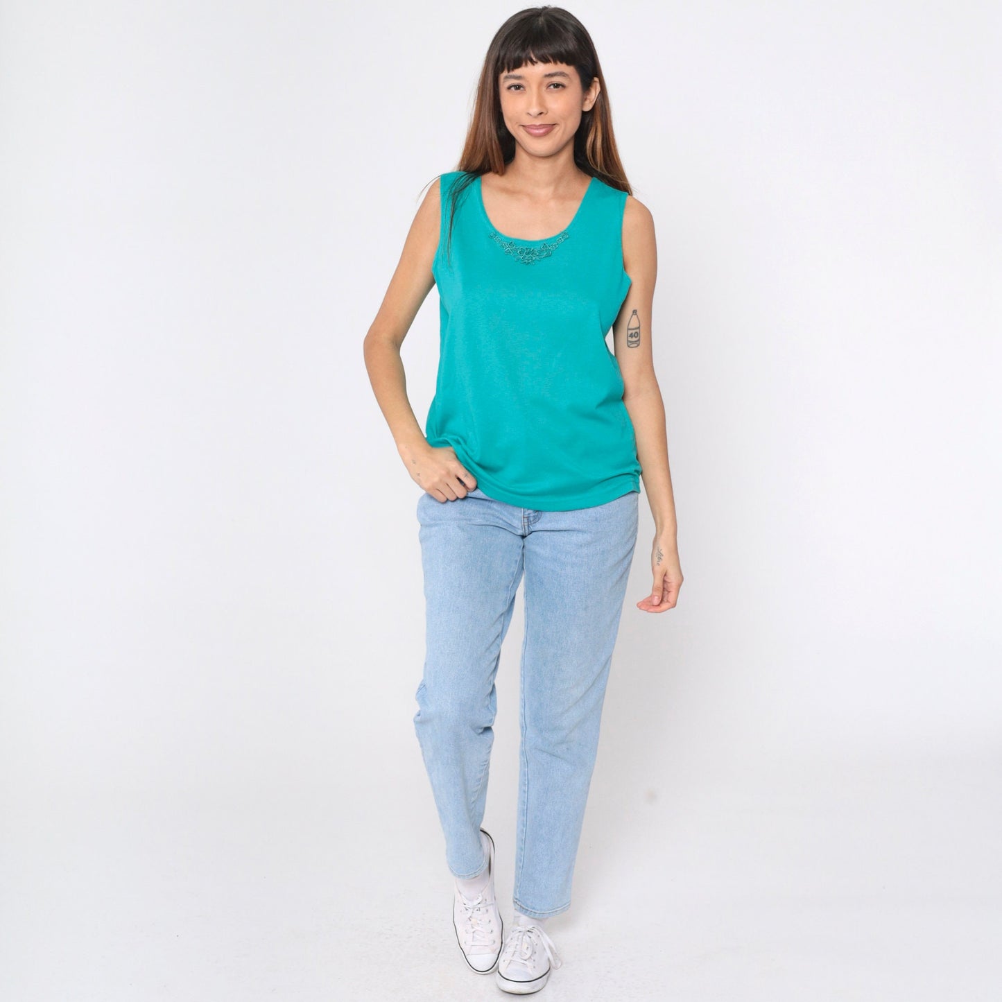90s Teal Tank Top Floral Lace Trim Sleeveless Blouse Medium