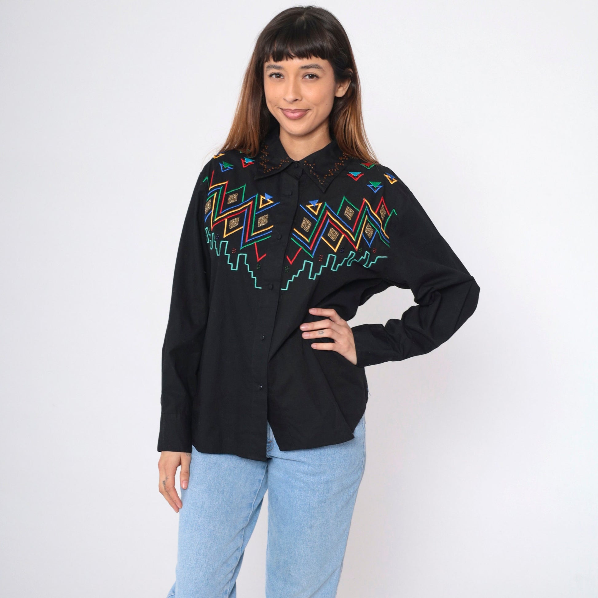 90s Southwest Embroidered Beaded Black Cotton Button Up Blouse Large L