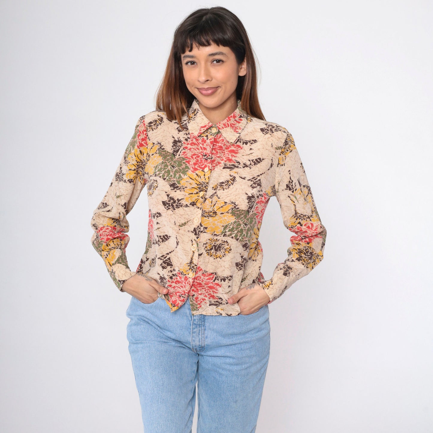 90s Abstract Floral Button-Up Blouse Beige Red Yellow Long Sleeve Medium