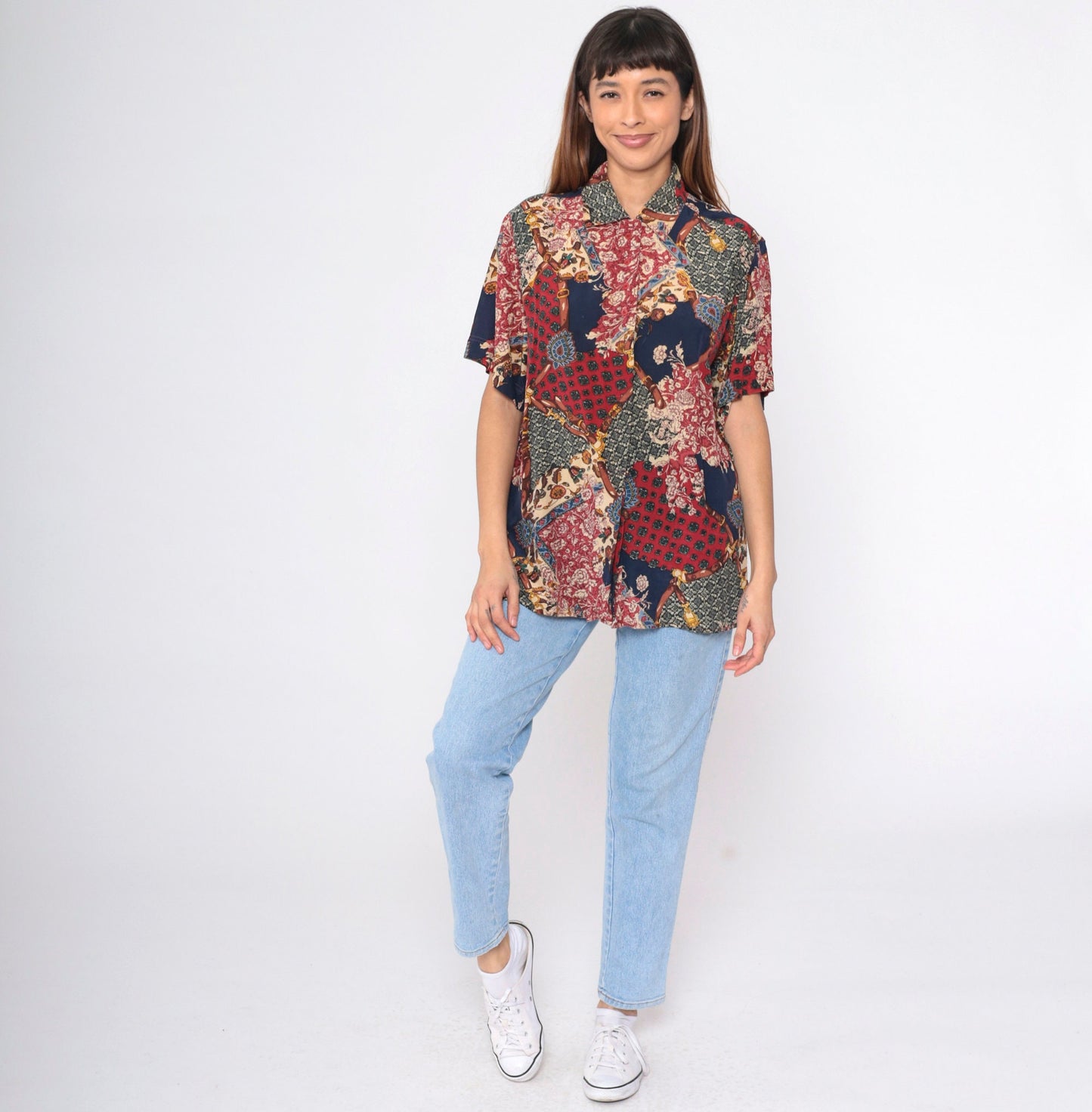 90s Amanda Italy Silk Blouse Patchwork Floral Equestrian Print Navy Medium