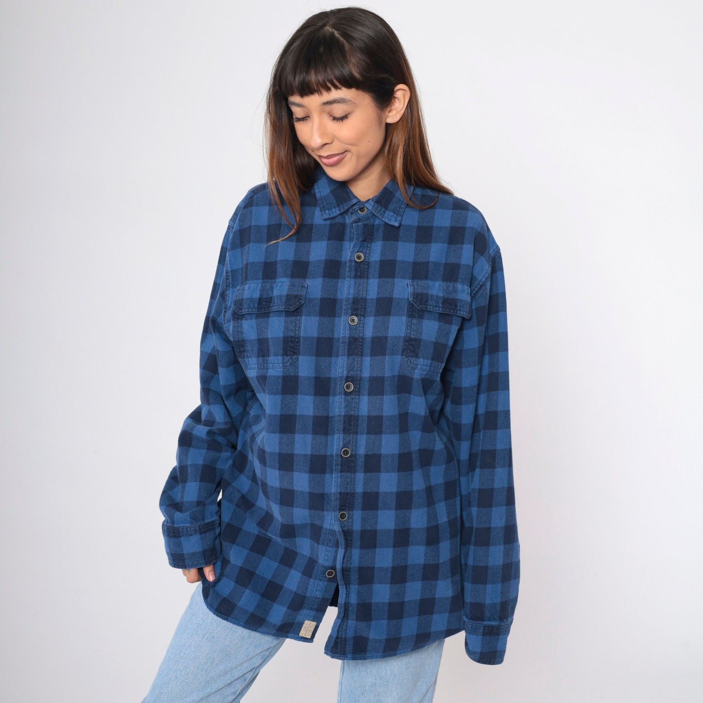 90s Jachs Buffalo Plaid Button-Up Shirt Blue Black Cotton Extra Large Tall