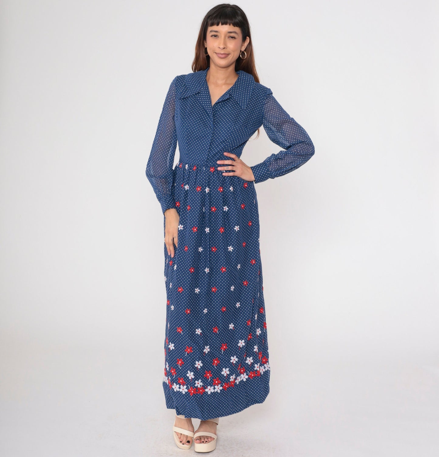 70s Blue Polka Dot Maxi Dress Floral Embroidered High Waist Sheer Sleeve Small