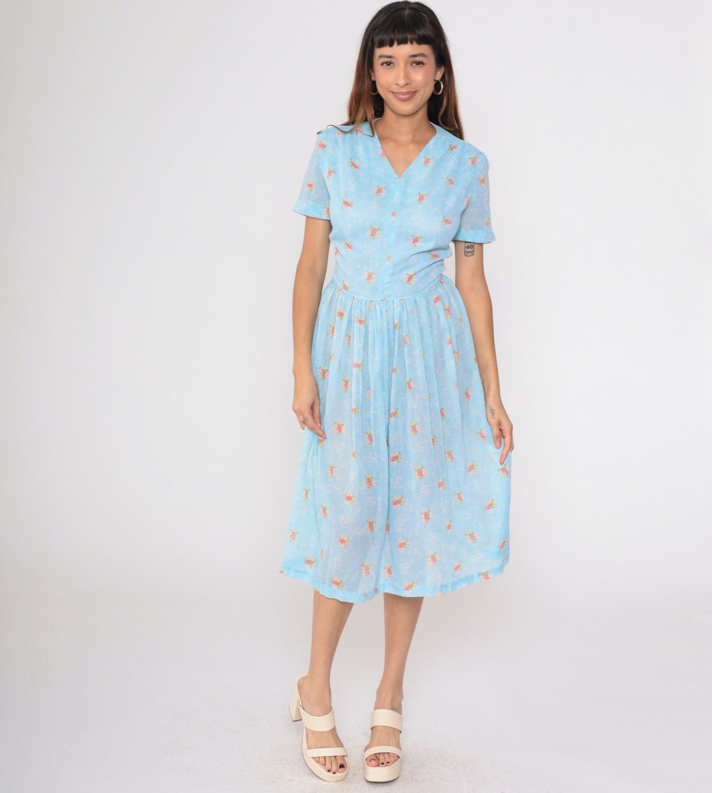 60s Blue Floral Midi Dress High Waisted V Neck Fit and Flare Small