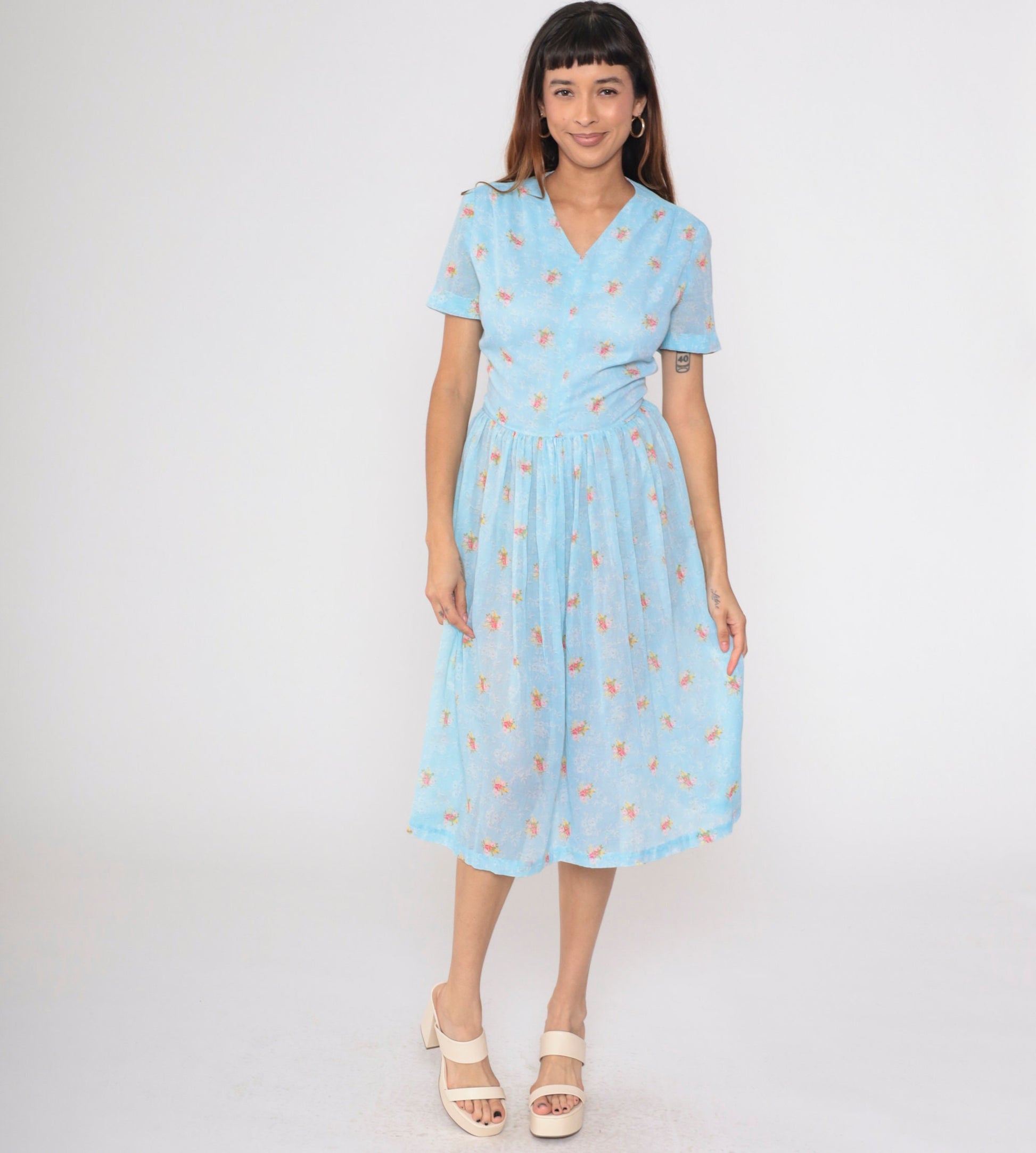 60s Blue Floral Midi Dress High Waisted V Neck Fit and Flare Small