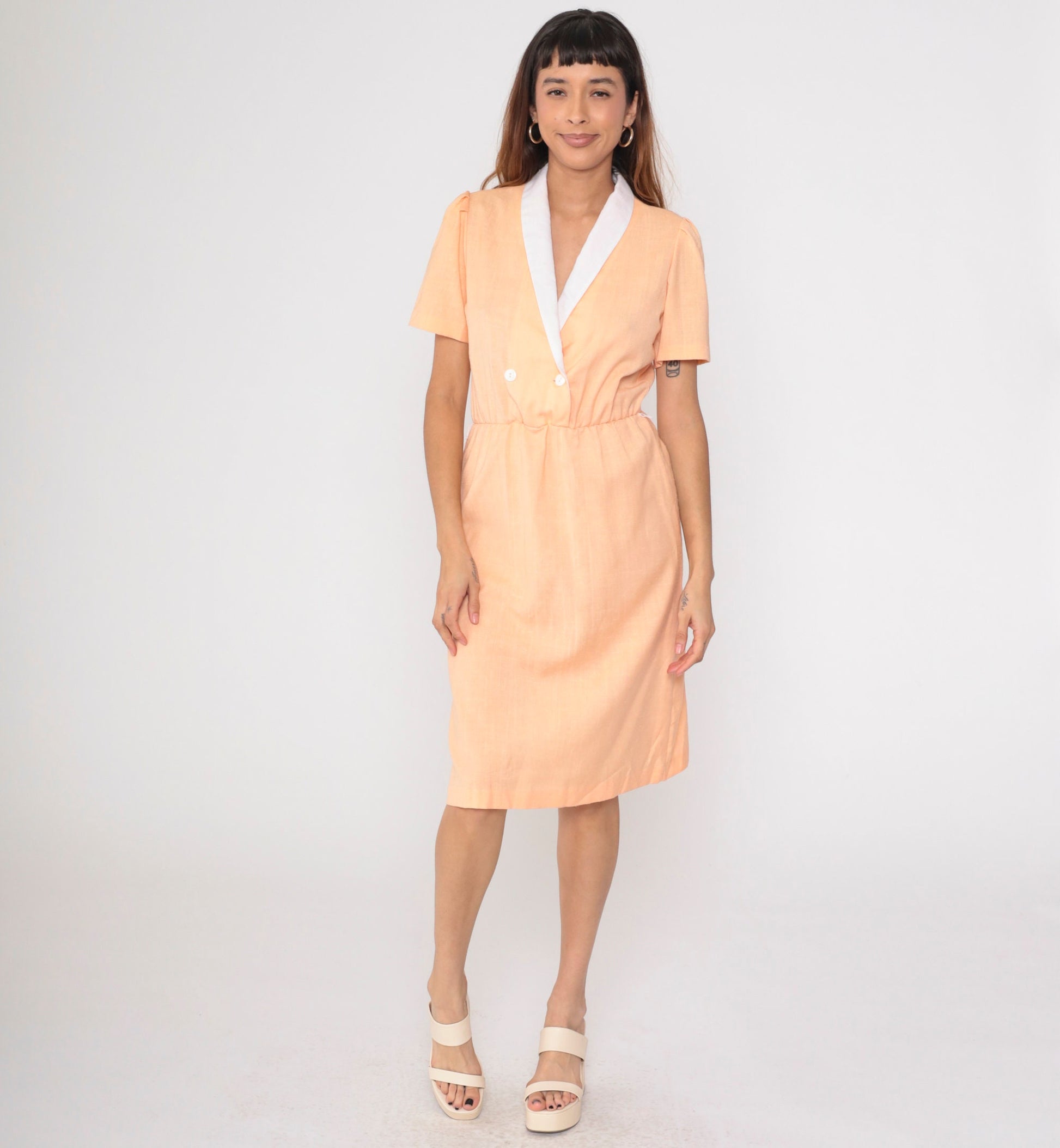 80s Peach Wrap Dress Midi Double Breasted Puff Sleeve Secretary Medium