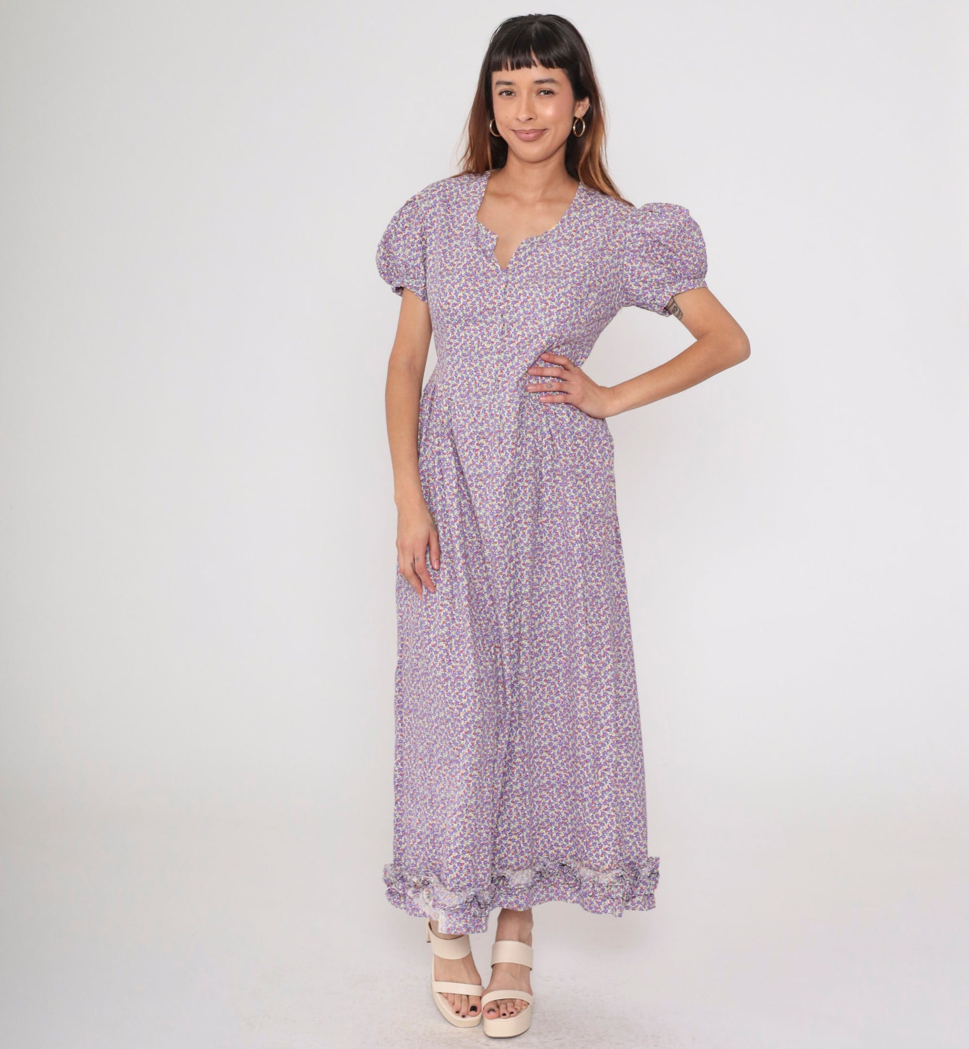 70s Purple Calico Floral Maxi Dress Puff Sleeve Low Waist Medium