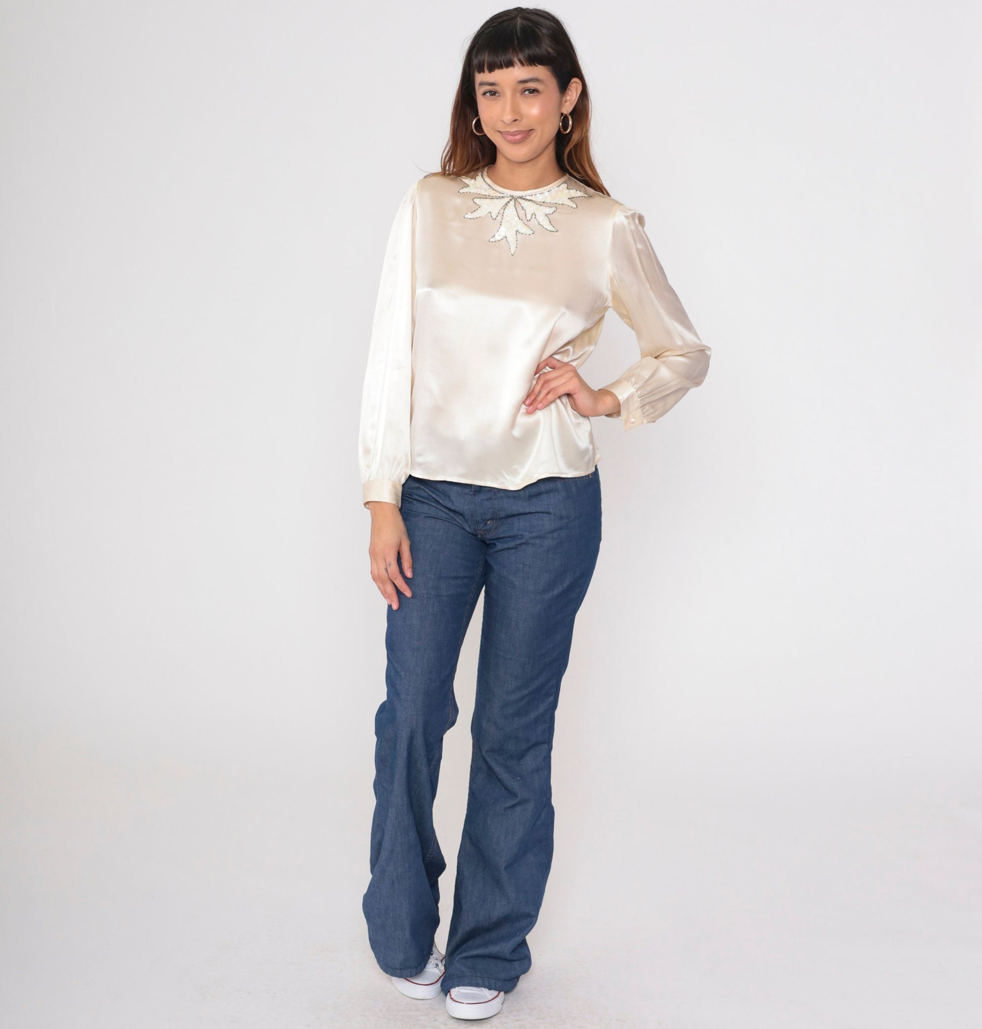 80s Lloyd Williams Silk Blouse Cream Sequin Leaf Beaded Puff Sleeve Medium