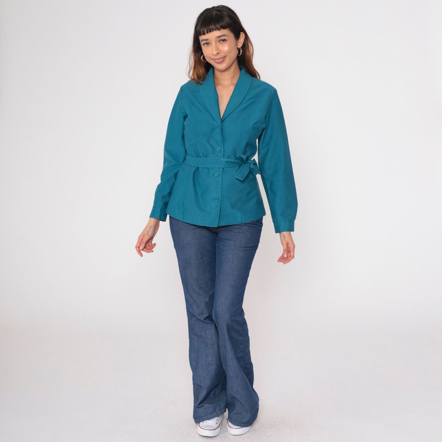 70s Teal Blue Belted Shawl Collar Jacket Ribbed Button Up Medium