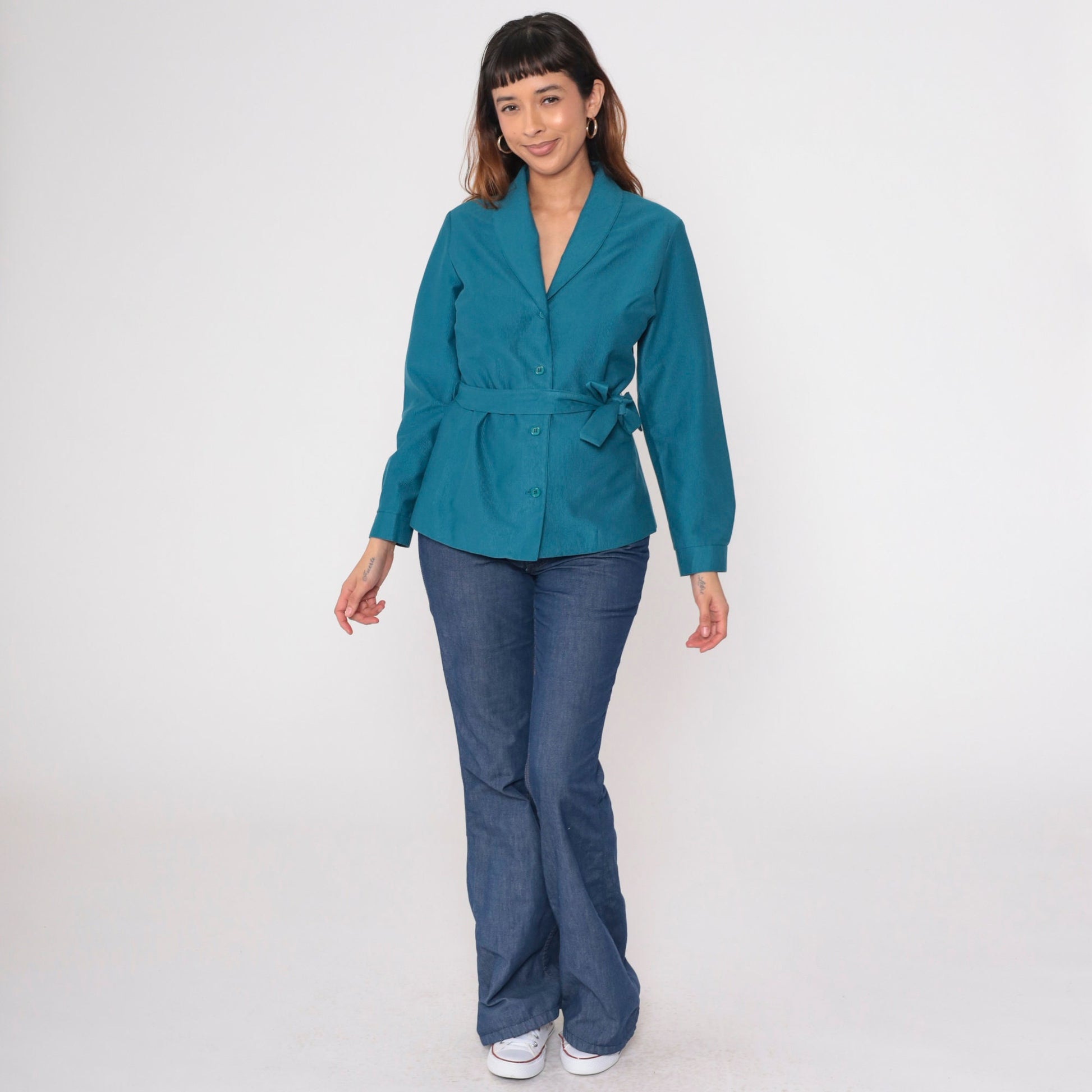 70s Teal Blue Belted Shawl Collar Jacket Ribbed Button Up Medium