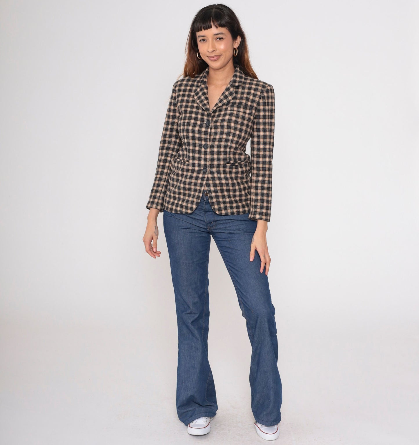 90s Petite Sophisticate Black Tan Checkered Wool Blazer Button-Up Jacket Extra Small