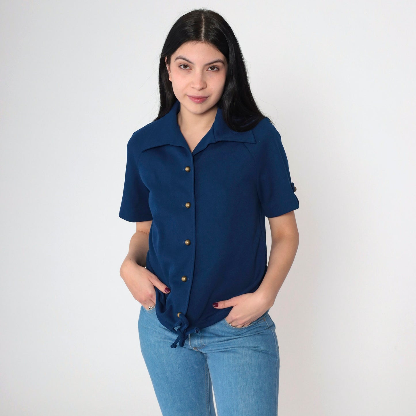 70s Navy Wing Collar Button-Up Blouse Short Roll Tab Sleeve Tie Front Medium