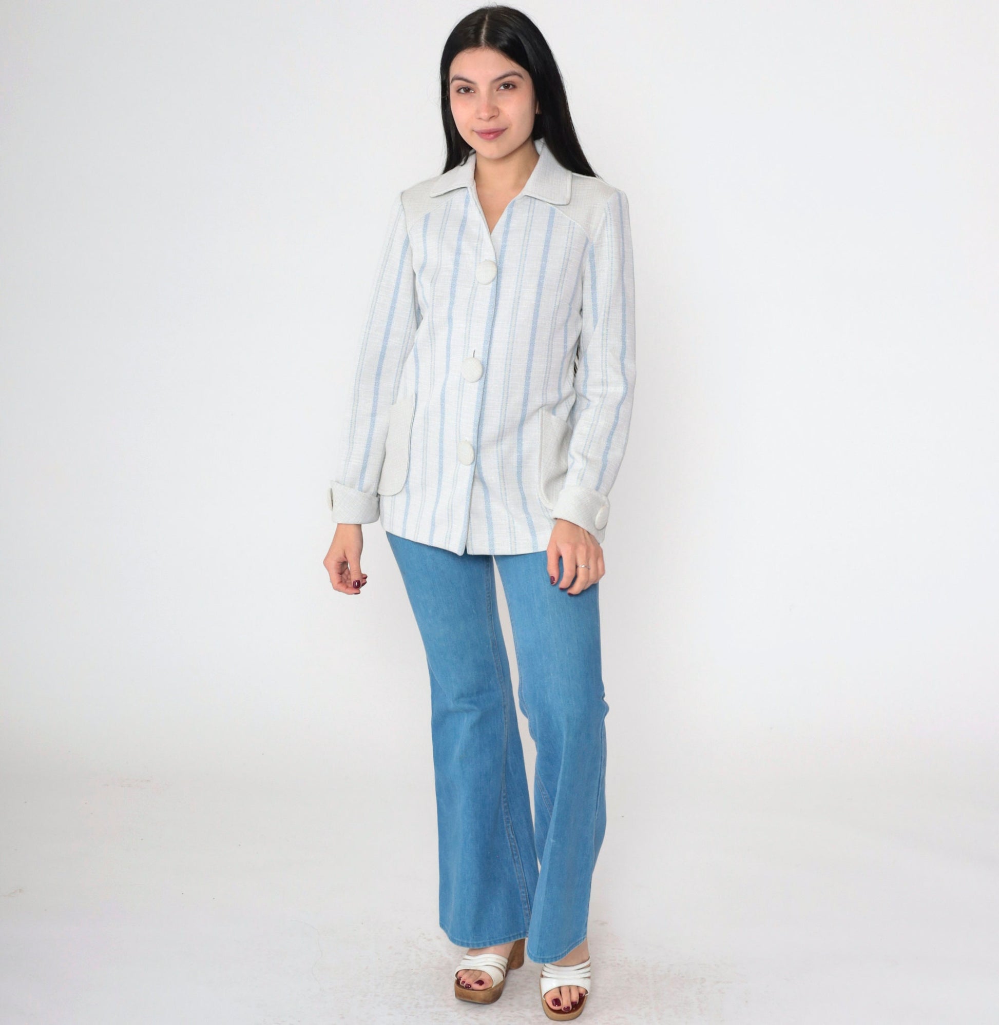 70s Striped Button-Up Blouse Grey Blue Vertical Stripes Collared V-Neck Medium