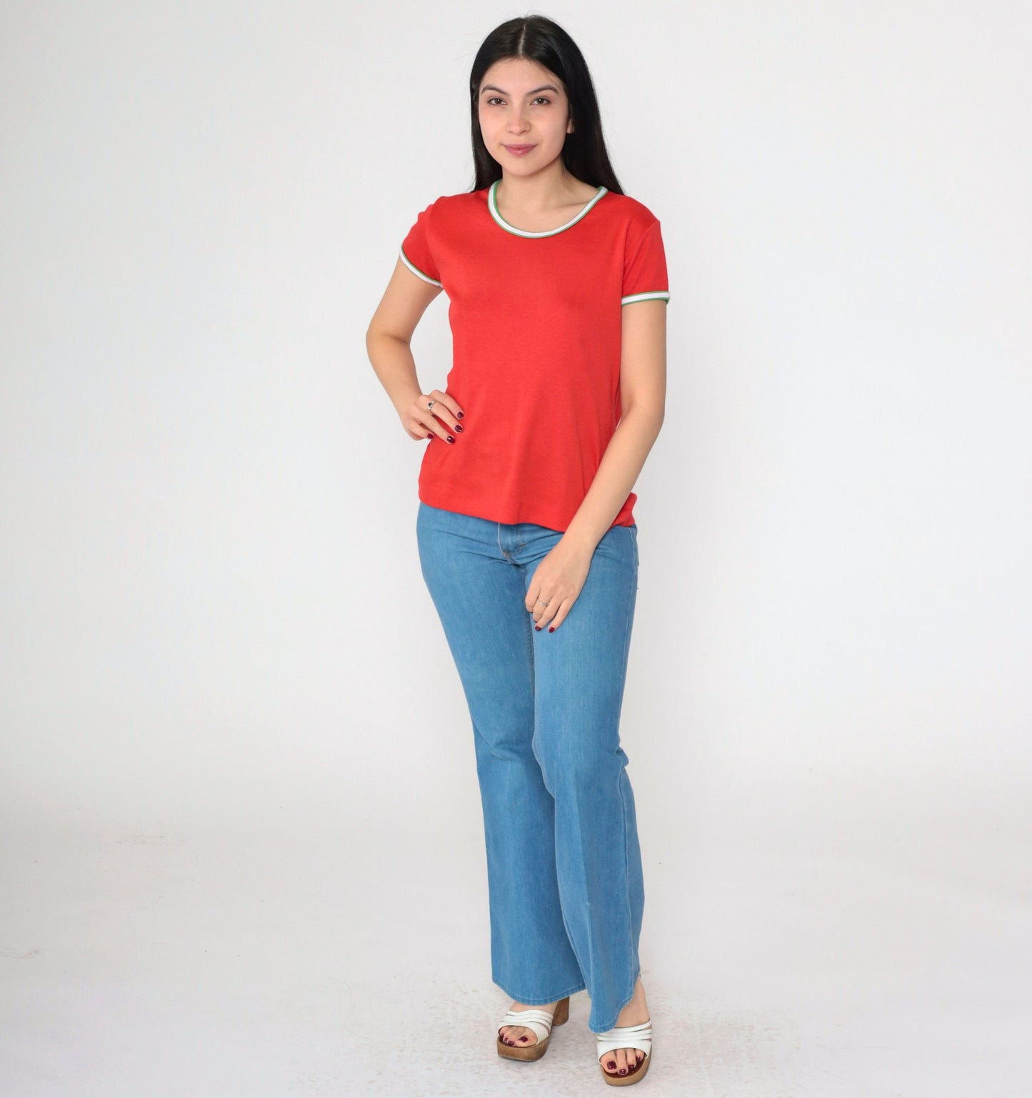 80s Red Ringer Tee Scoop Neck T-Shirt Green White Trim Medium