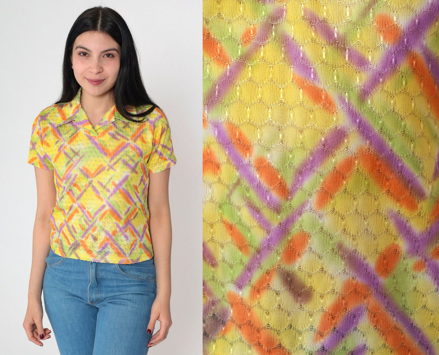 00s Metallic Abstract Criss Cross Collared Shirt Yellow Geometric Small S