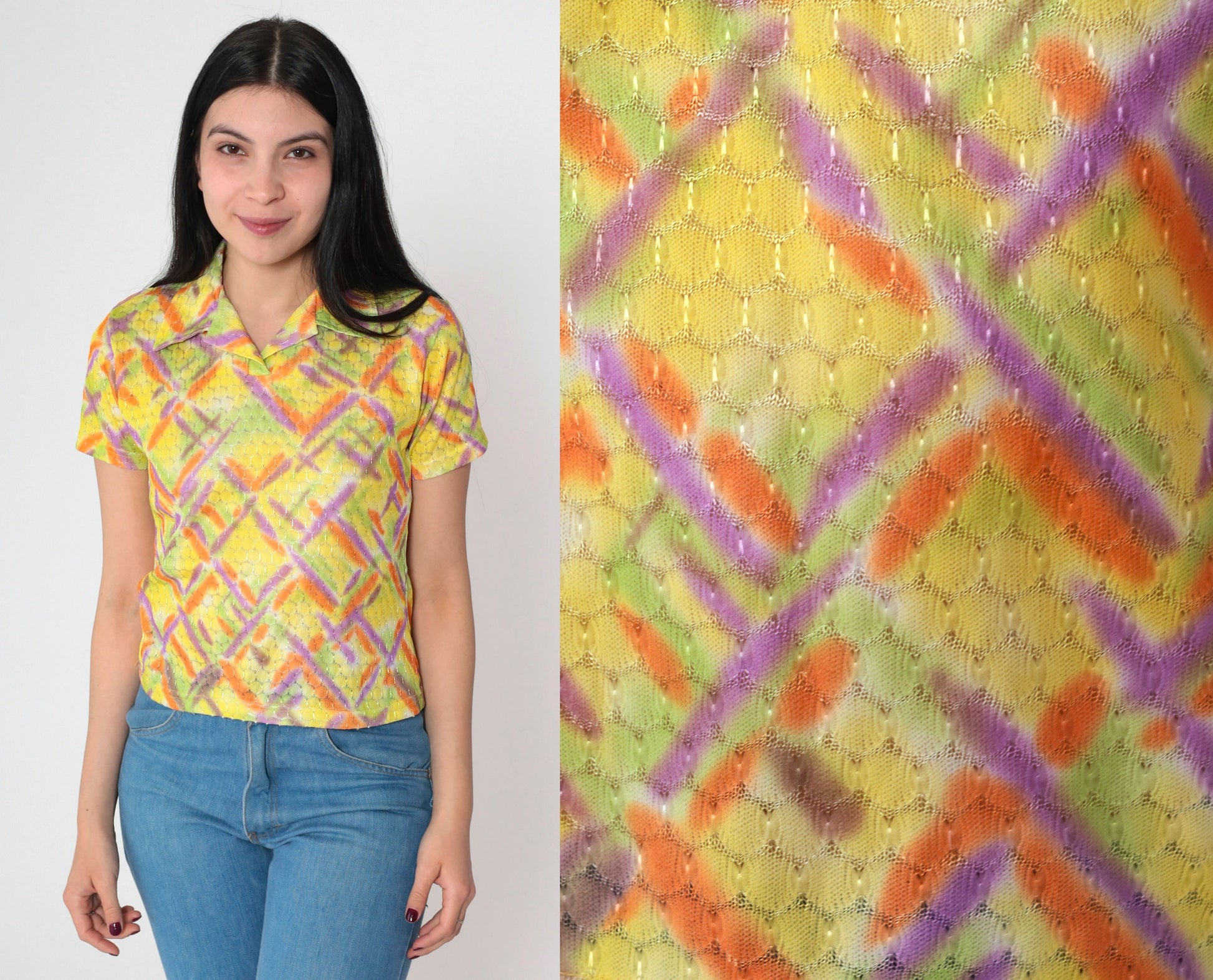 00s Metallic Abstract Criss Cross Collared Shirt Yellow Geometric Small S
