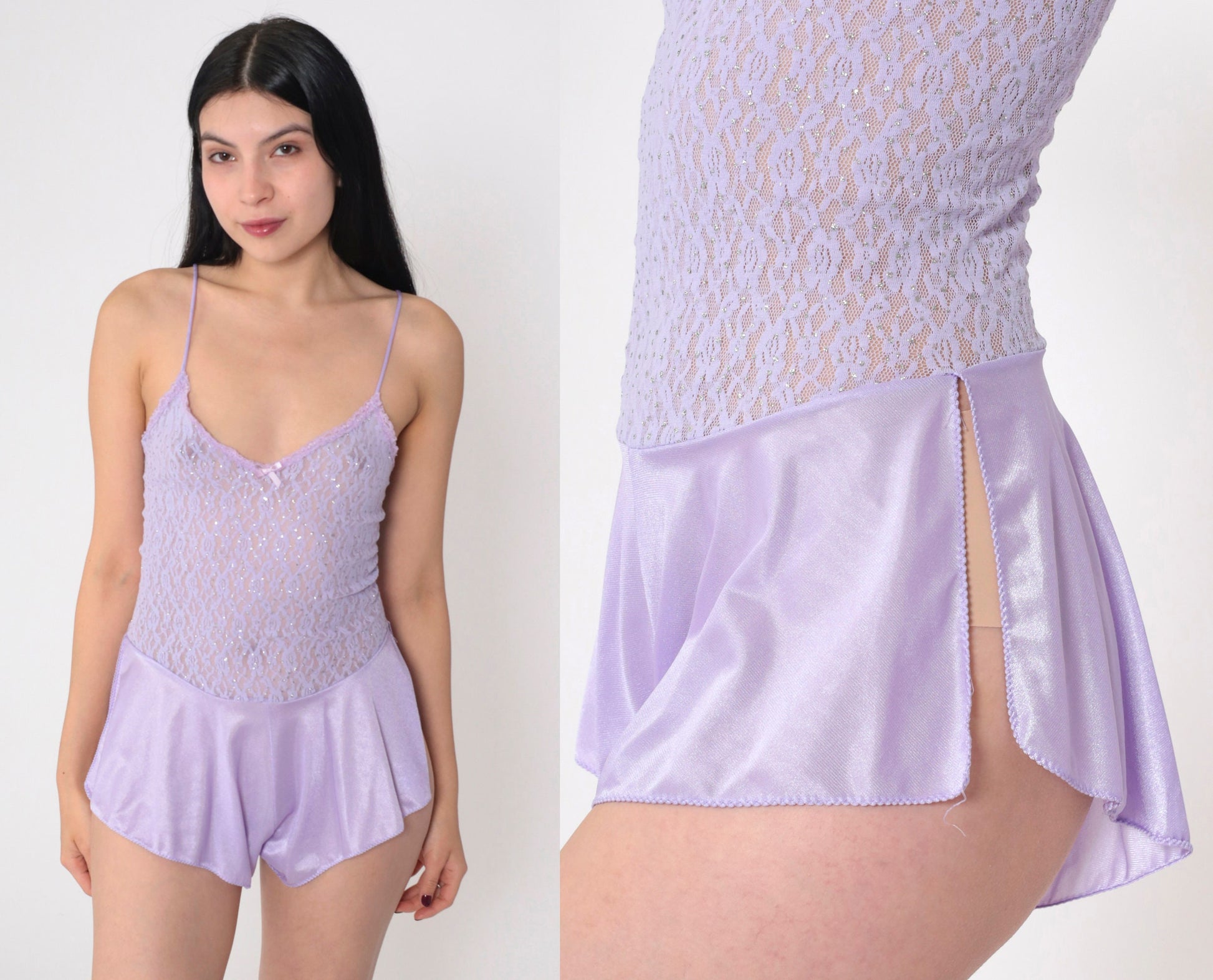 80s Purple Lace Teddy Lingerie Bodysuit Rhinestone Beaded Floral Small S