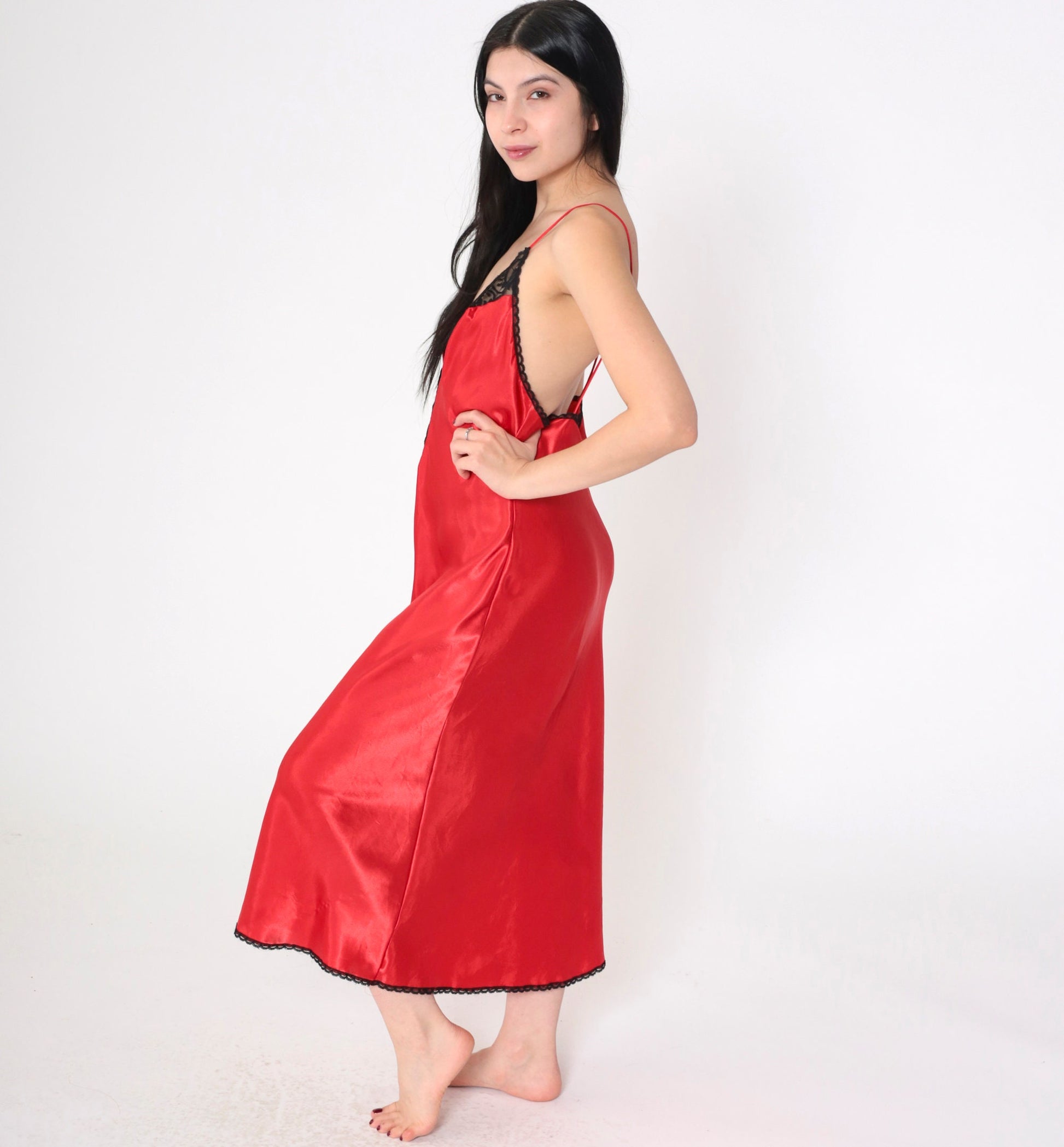 90s Val Mode Red Slip Dress Midi Black Lace Trim Open Back Medium