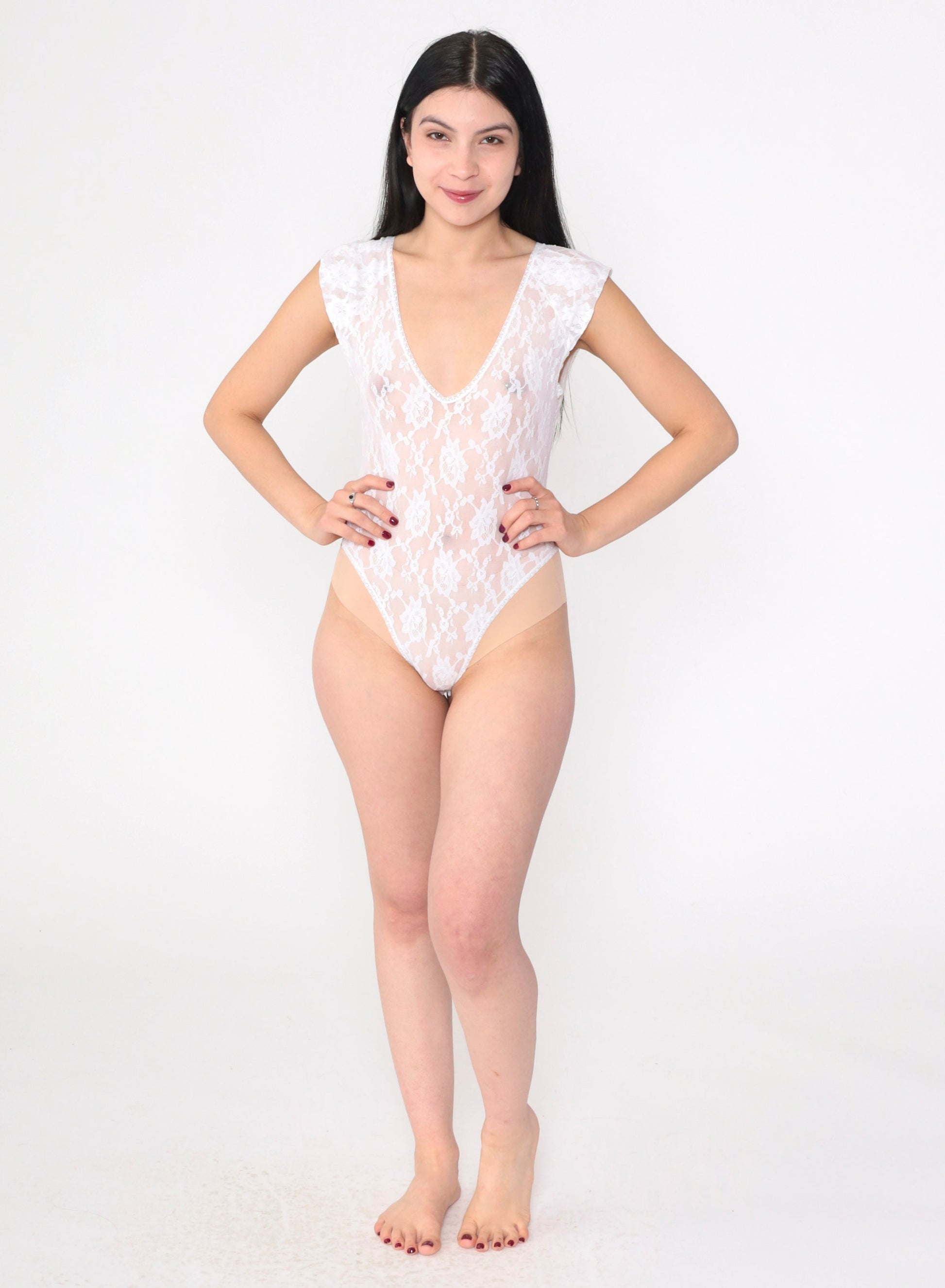 80s Hanky Panky White Lace Bodysuit Floral Sheer Thong Small S