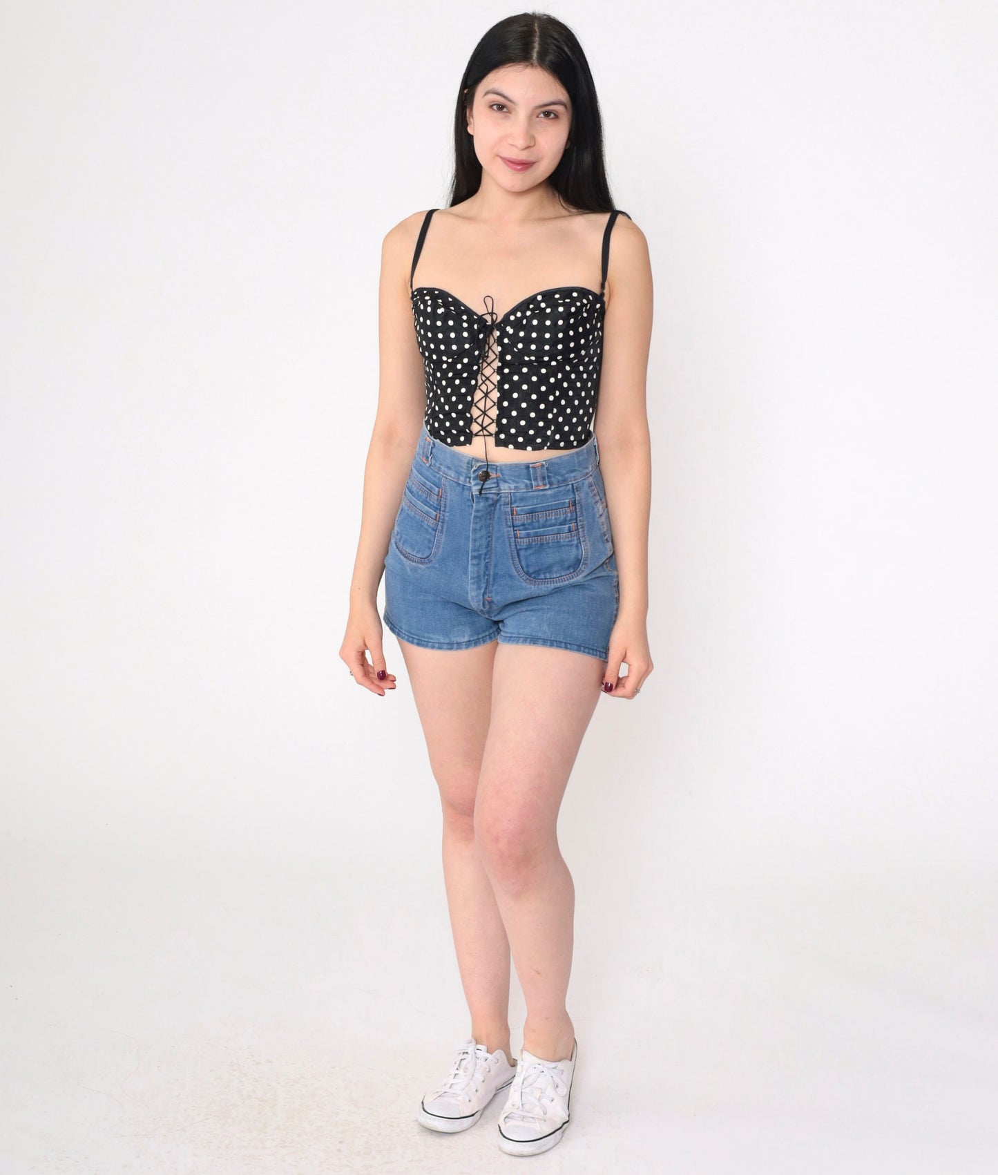 80s Emil Bole Polka Dot Bustier Crop Top Black White Lace Up Small