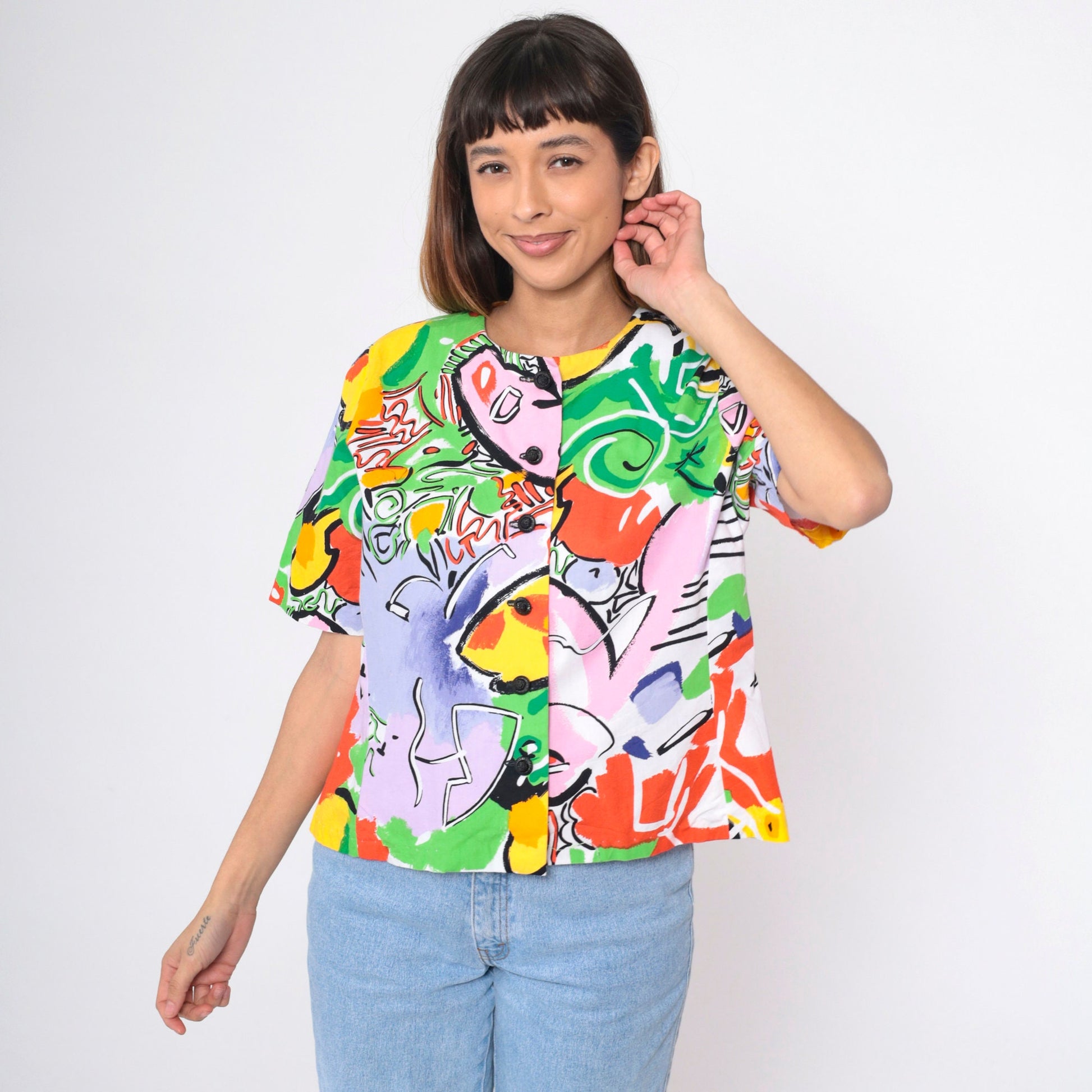 90s Abstract Tropical Button-Up Blouse Multicolor Geometric Print Medium