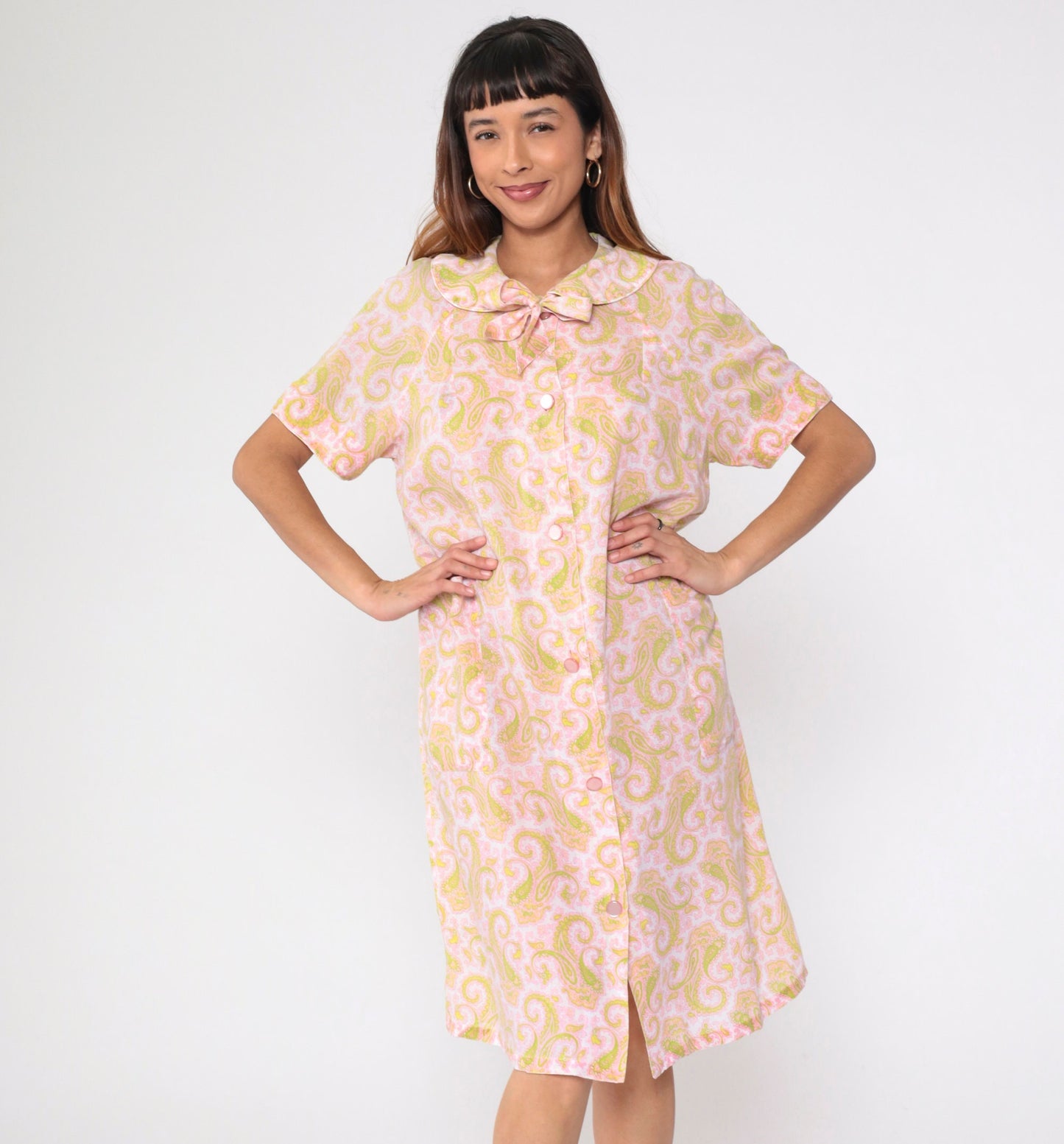 60s Paisley Nightgown Peter Pan Collar Button-Up Midi Shift Dress Pink Green Large L