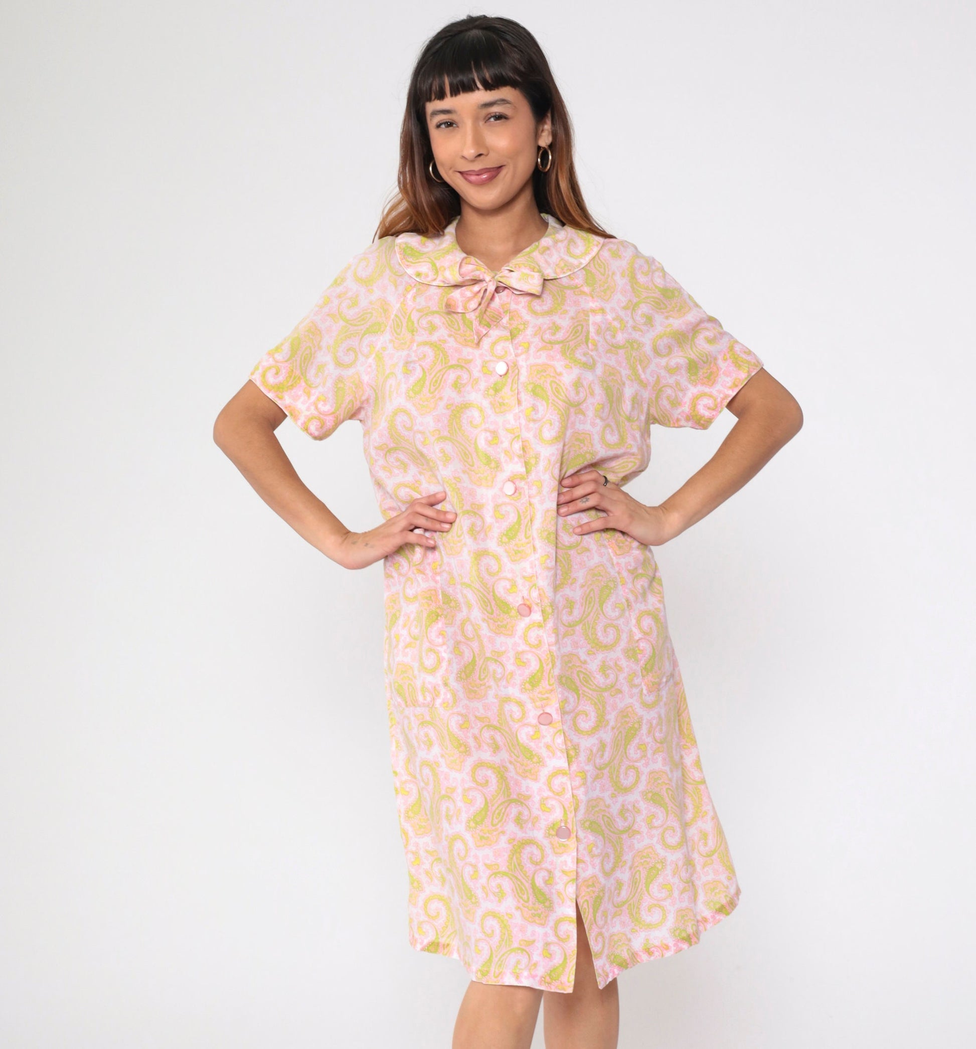 60s Paisley Nightgown Peter Pan Collar Button-Up Midi Shift Dress Pink Green Large L