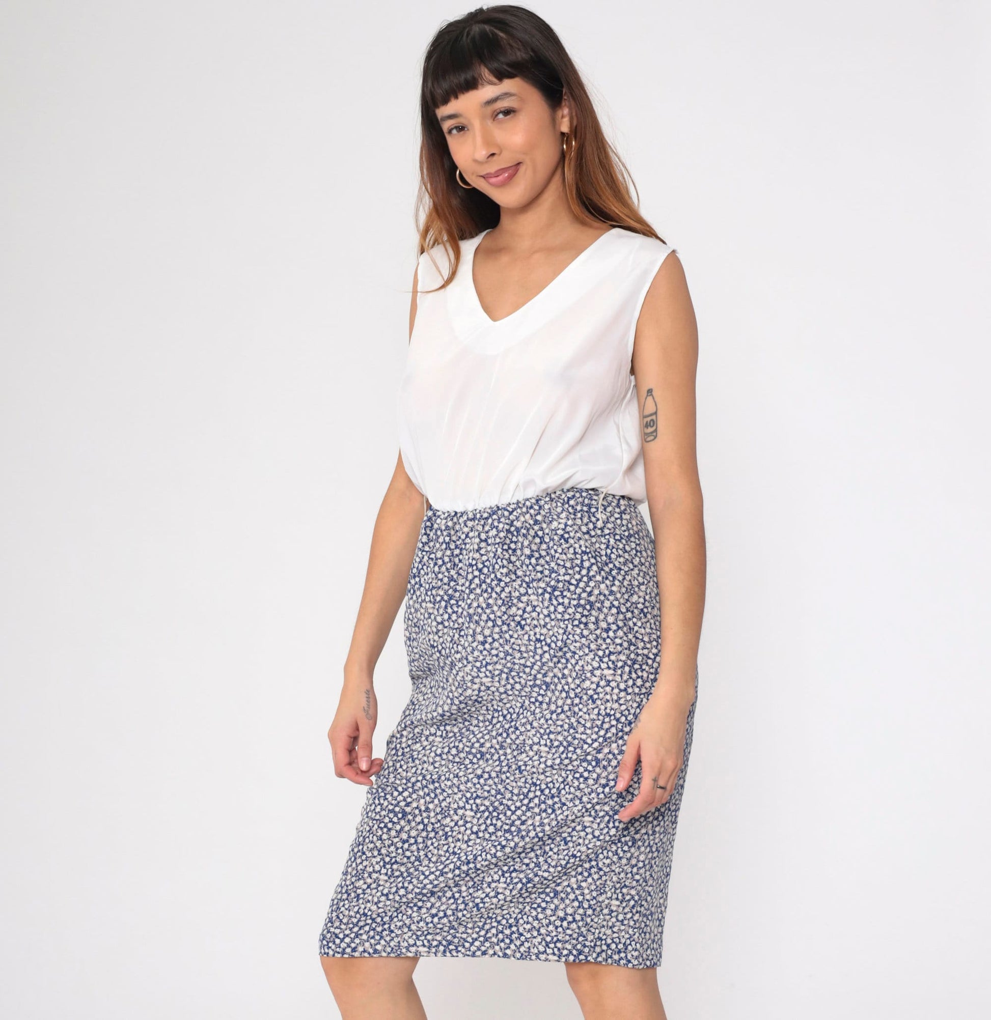 80s Perceptions Blue Ditsy Floral Midi Dress Blouson Bodice Sleeveless Small