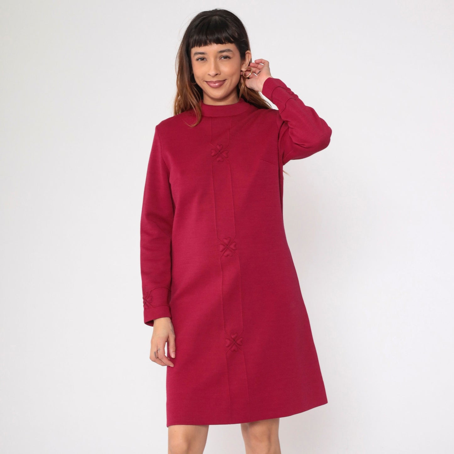 70s Burgundy Heart Wool Blend Shift Dress Long Sleeve Mini Medium
