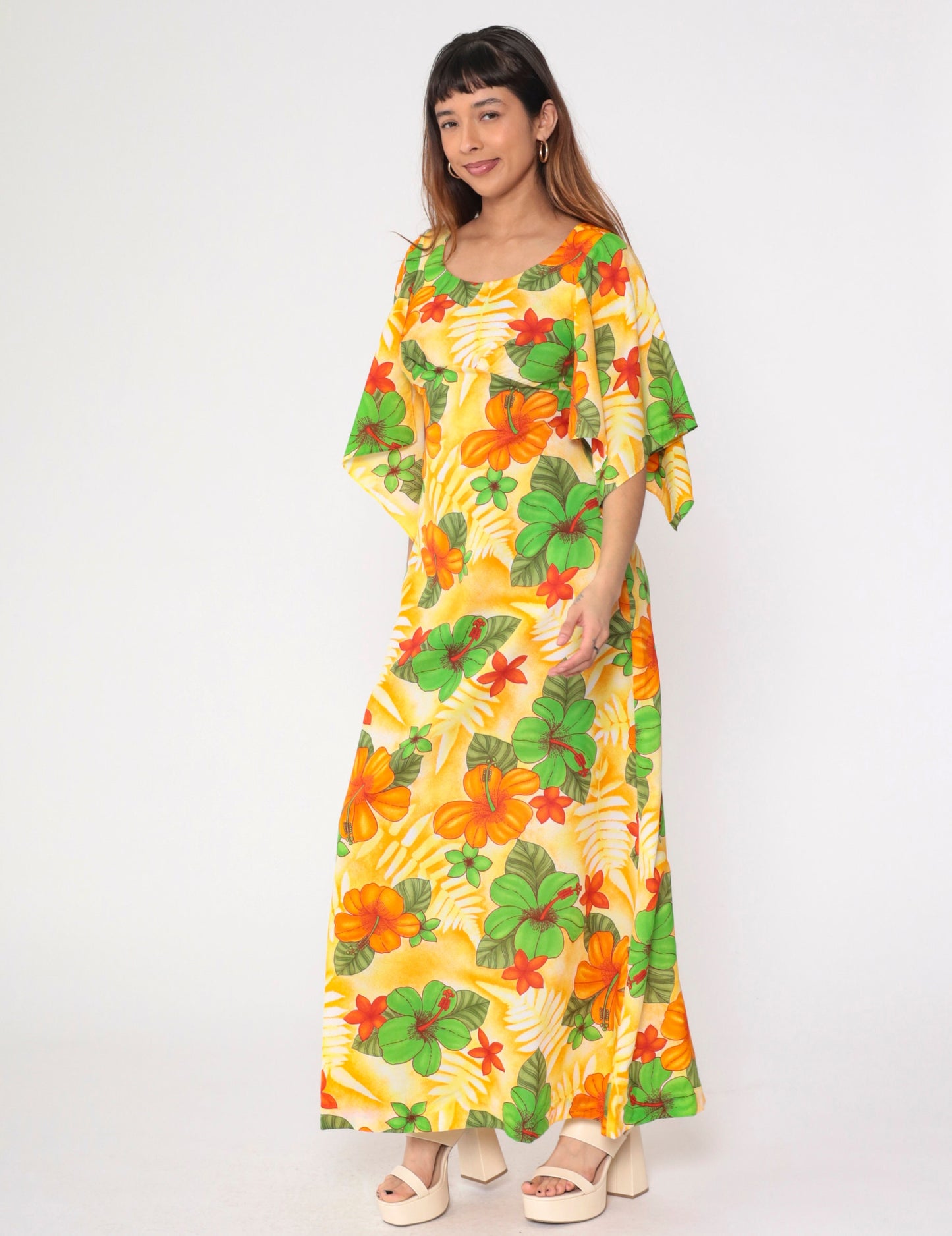 70s Pomare Hawaiian Floral Maxi Dress Angel Sleeve Empire Waist Small