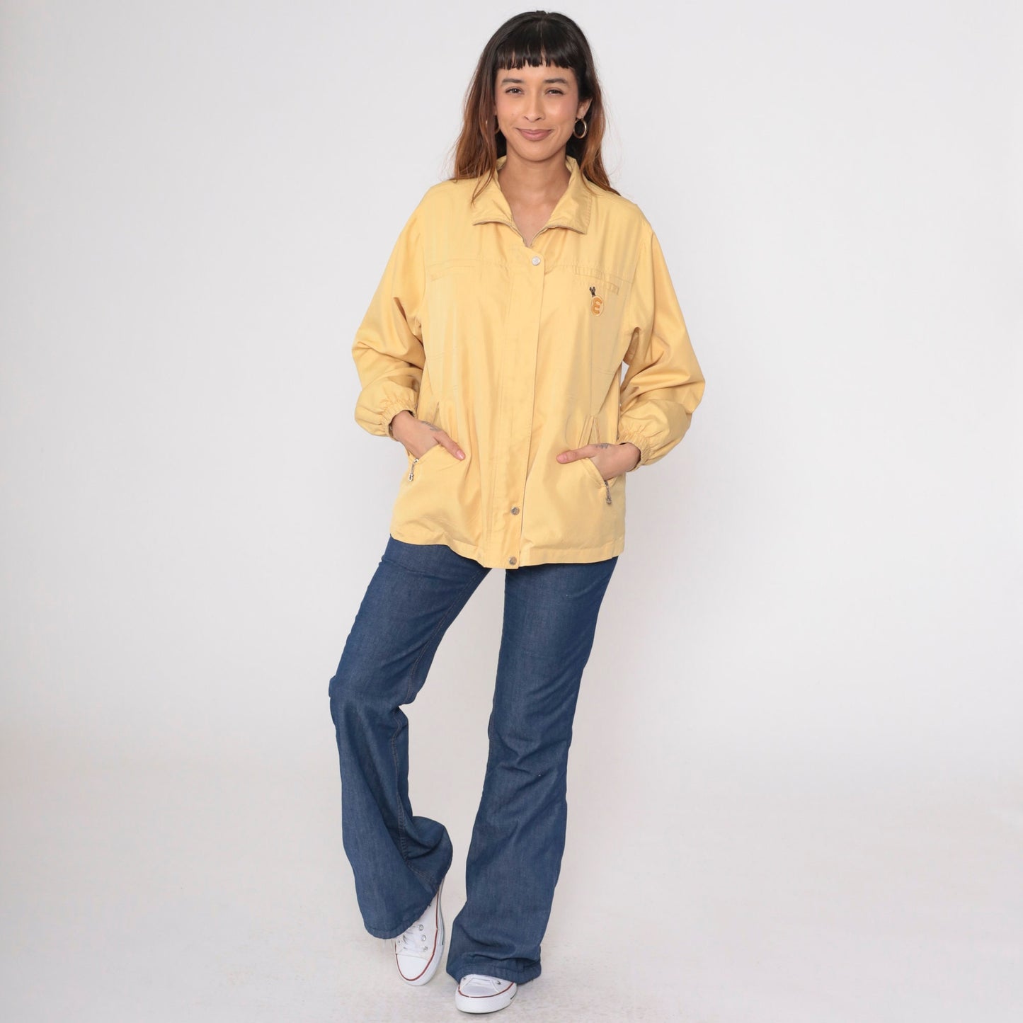 90s Yellow Windbreaker Jacket E Patch Zip Up Large