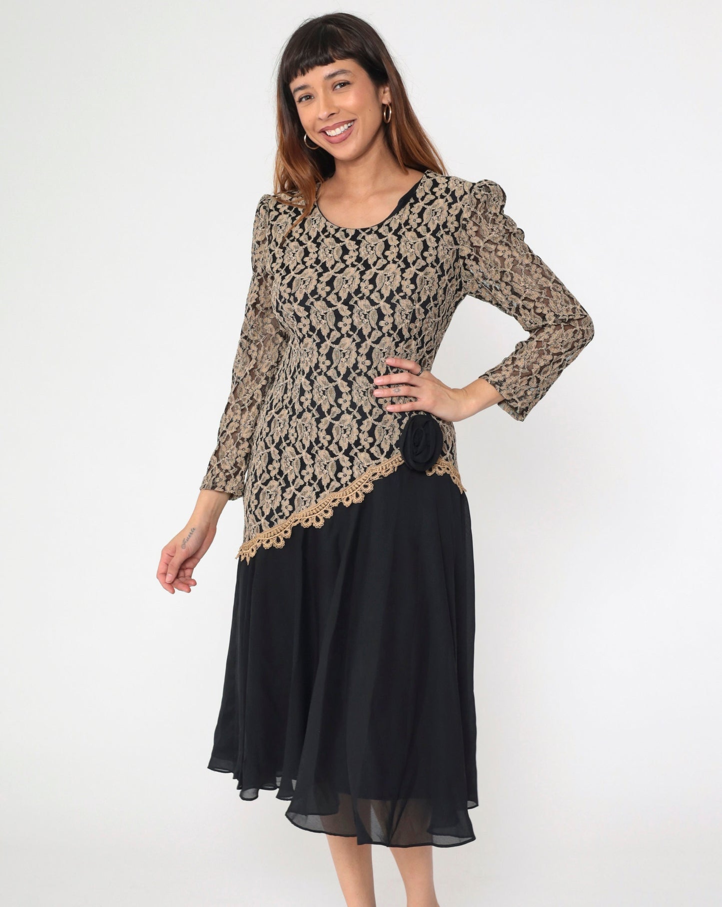80s Black Tan Lace Chiffon Midi Dress Puff Sleeve Drop Waist Medium