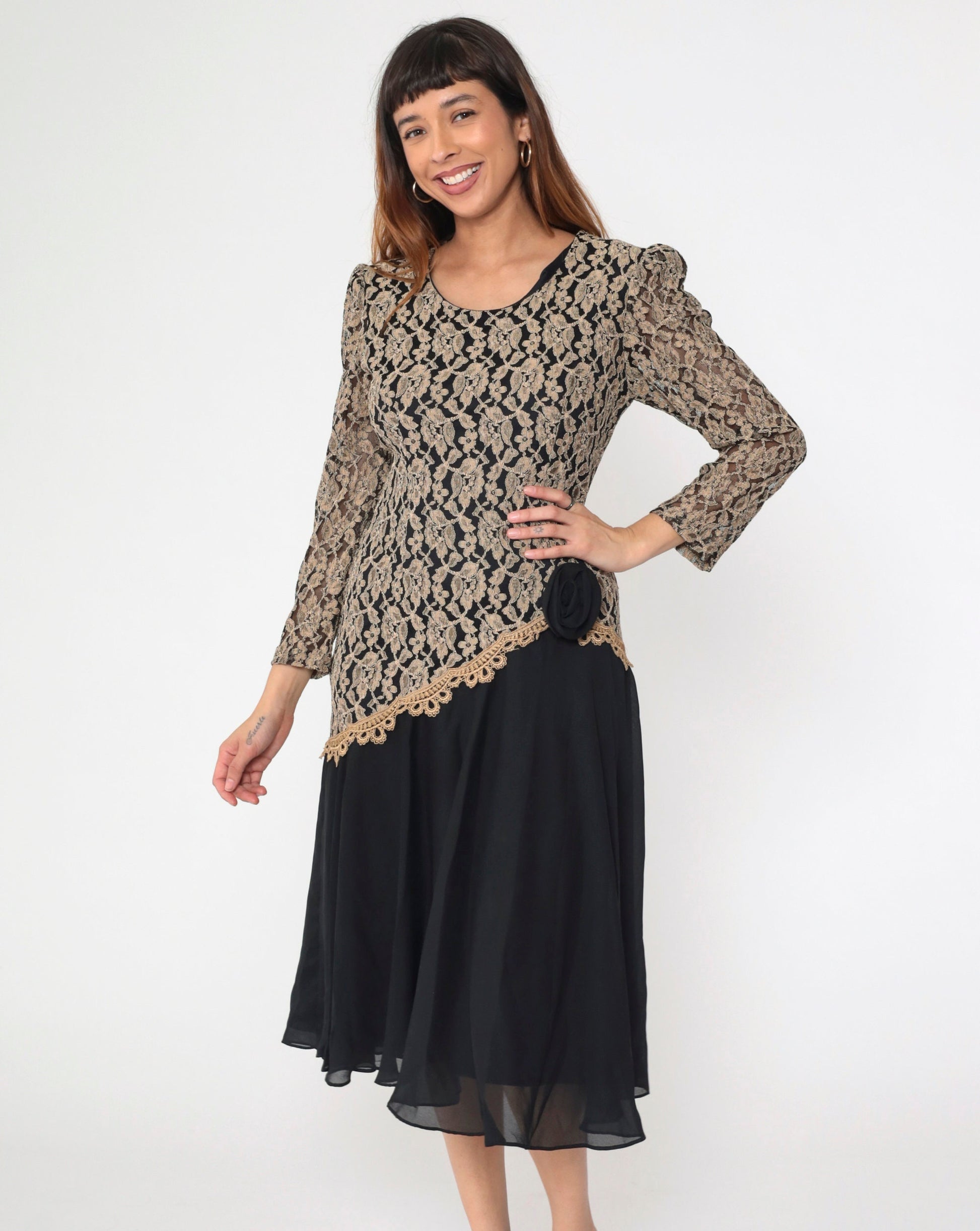 80s Black Tan Lace Chiffon Midi Dress Puff Sleeve Drop Waist Medium